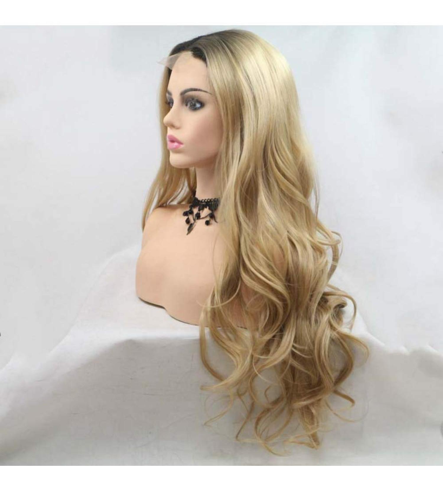 SHIYID Long Blonde Wavy Wig With Dark Roots Synthetic Lace Wig For Women Hair U Part Lace Wigs Heat Fiber Hair