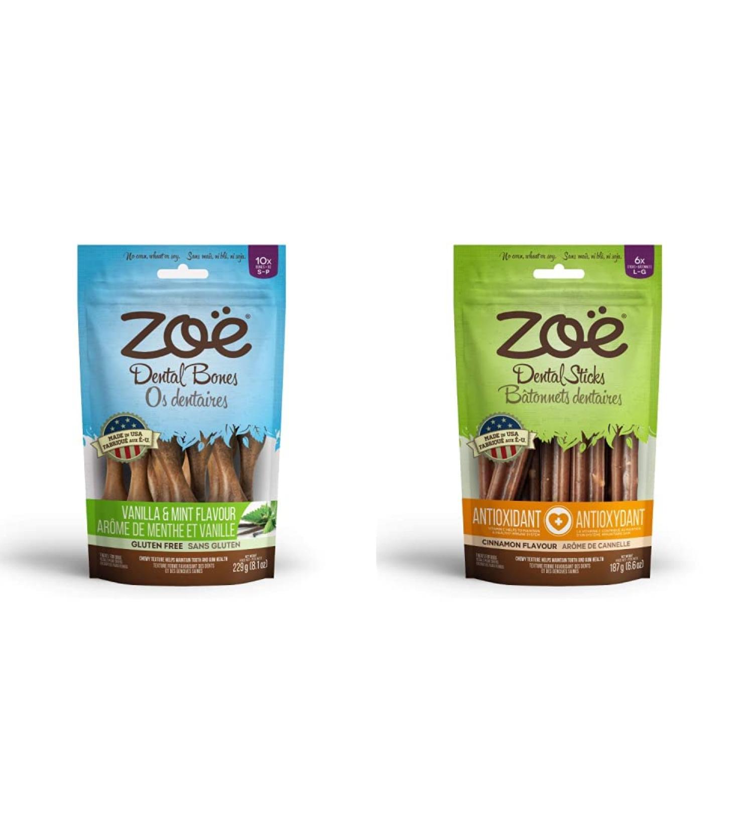 Zo Dental Bones - Vanilla and Mint Flavour (Small - 229 g) + Zoe Dental Sticks for Dogs (Large Cinnamon Flavor - 6.6 oz)