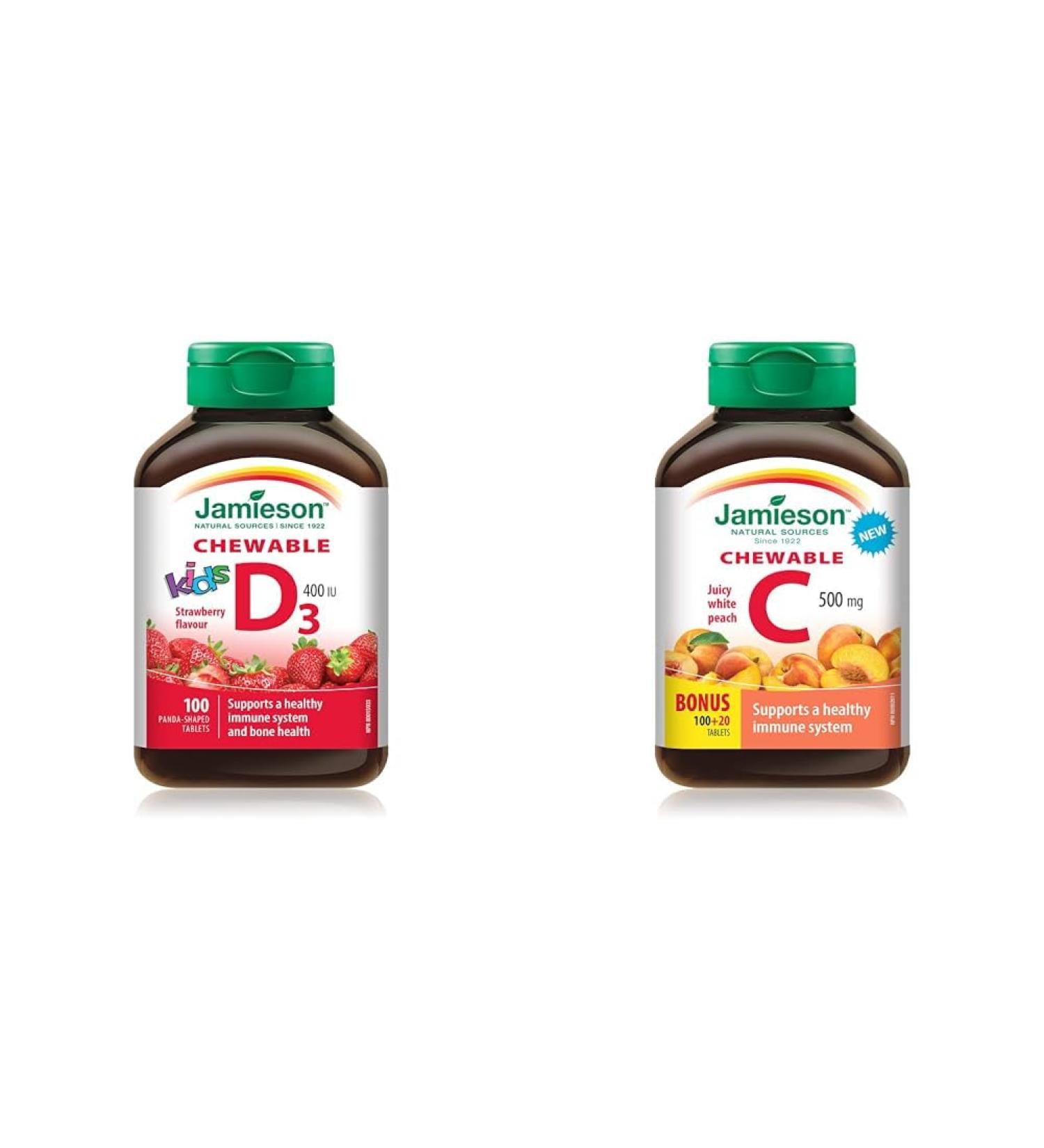 Jamieson Vitamin D 400IU Kids Chewable 100 Tablets and Vitamin C 500mg Chewable (White Juicy Peach Flavour) 120 Count - Buy Online on SooperMarket.com