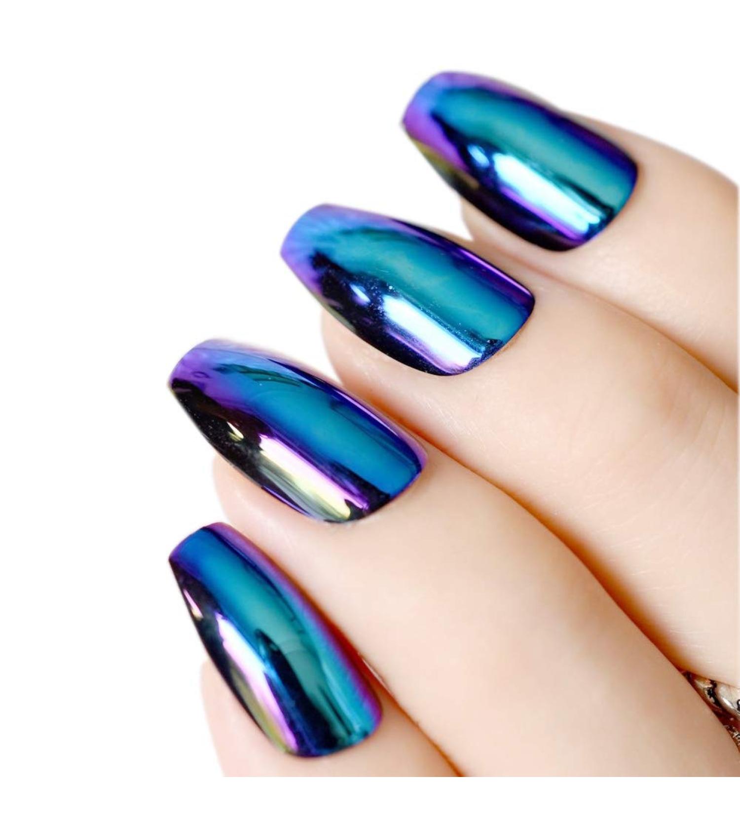 24pcs Mirror Holographic Chrome Coffin False Nails - Beautiful Glitter Chameleon Effect - Buy Online on SooperMarket.com
