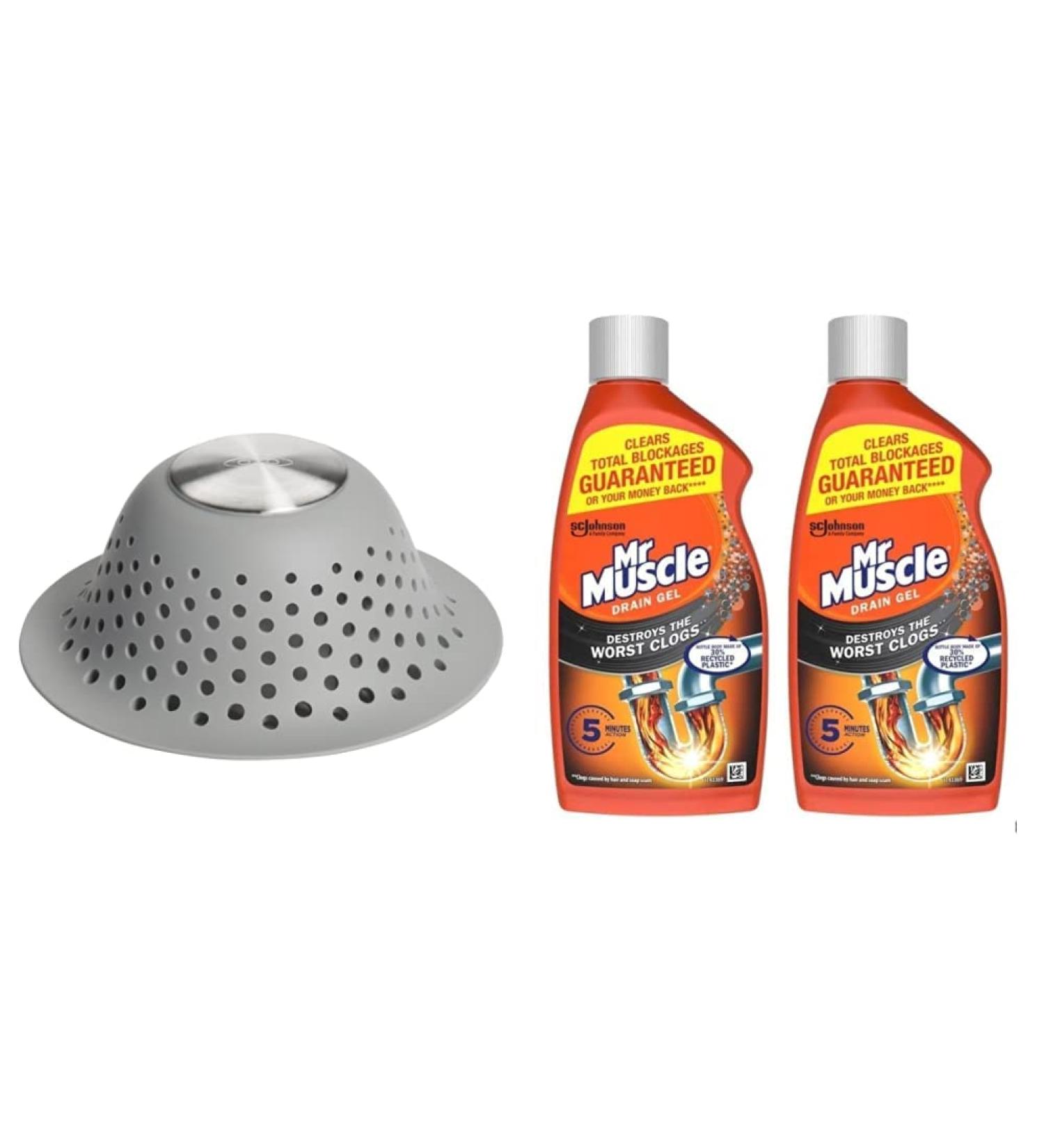 OXO Good Grips Silicone Shower & Tub Drain Protector & Mr Muscle Drain Unblocker Sink & Drain Cleaner Heavy Duty Drain Gel 2 x 500 ml - Buy Online on SooperMarket.com