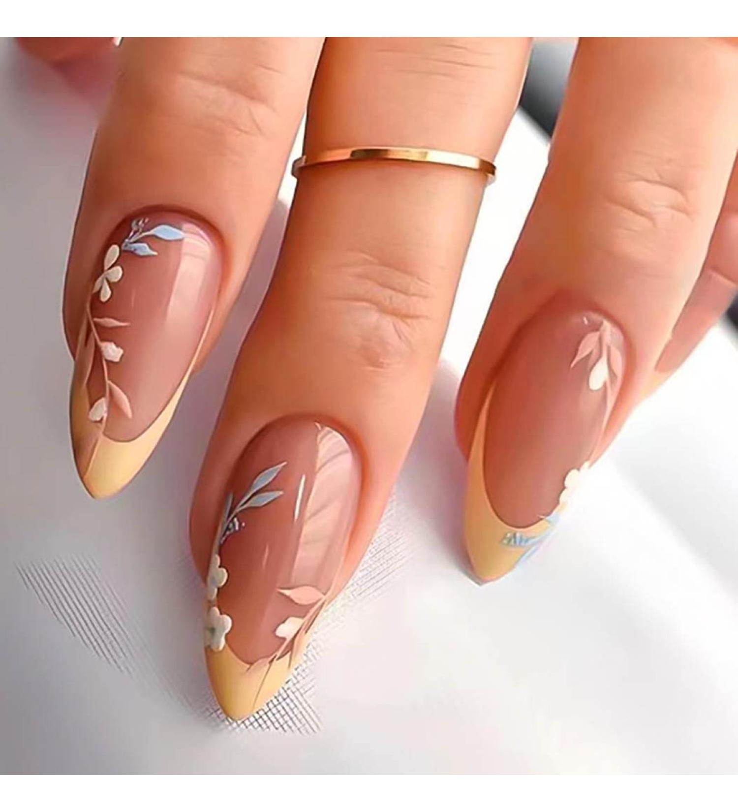 RikView French Tip Press on Nails - Medium Length Almond Glossy Yellow Acrylic Fake Nails | Perfect for a Chic Look - Buy Online on SooperMarket.com