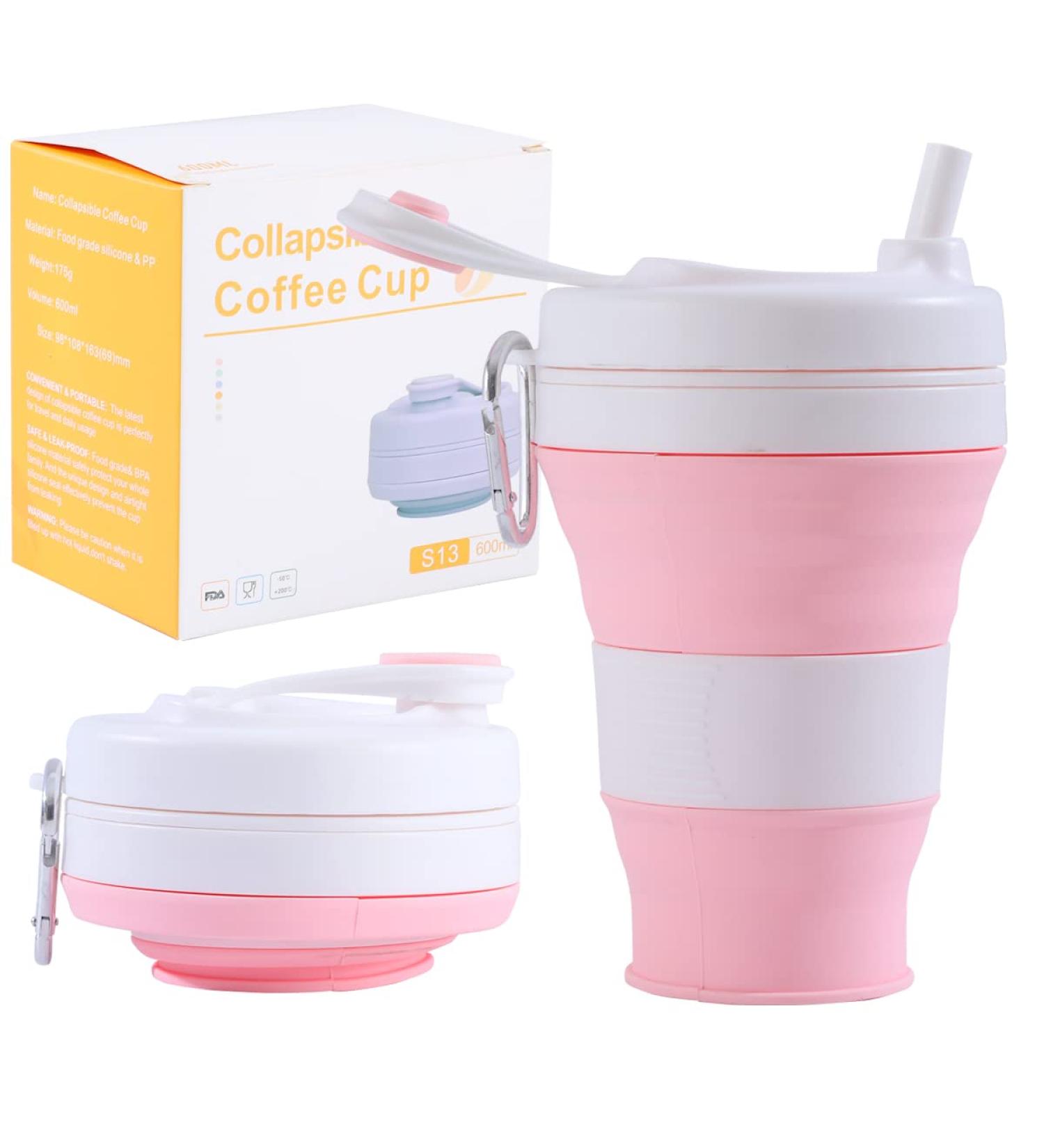 YEEWORIG 600ml Collapsible Travel Cup with Lid & Straw - Pink | Leak-Proof Portable Camping Mug/Silicone Water Bottle for Hot & Cold Drinks - 20.3 oz - Buy Online on SooperMarket.com