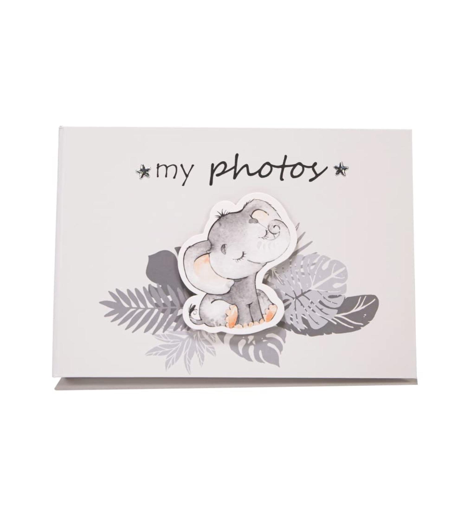 Cute Baby Elephant Grey Photo Album | Silver Stars & Palm Leaves | New Born/Baby Shower | 24 Spaces 4x6 by Happy Homewares - Buy Online on SooperMarket.com