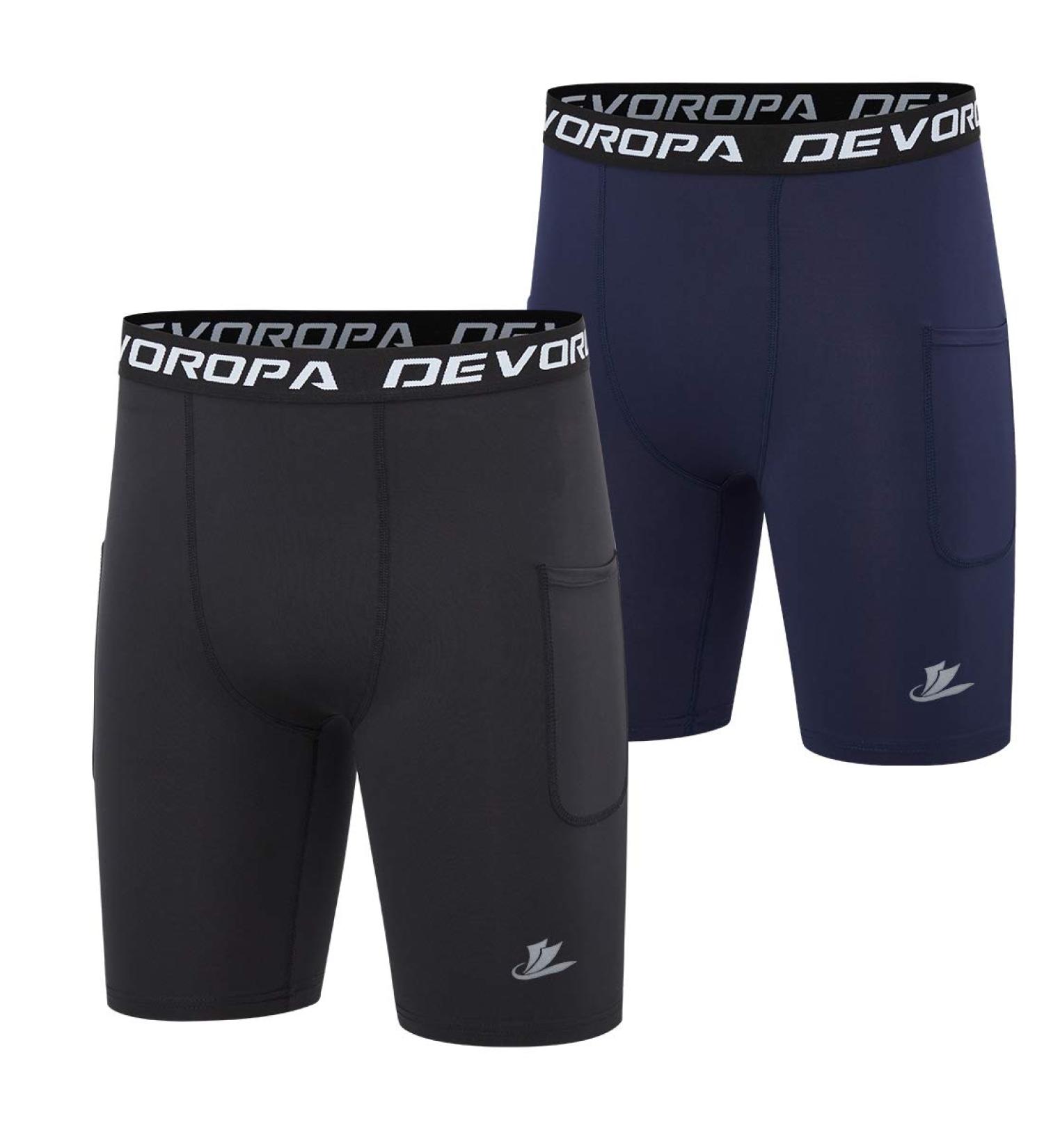 DEVOROPA Youth Boys' Compression Shorts 2-Pack, Black/Navy, Large | Performance Athletic Base Layers with Side Pockets - Training Underwear - Buy Online on SooperMarket.com