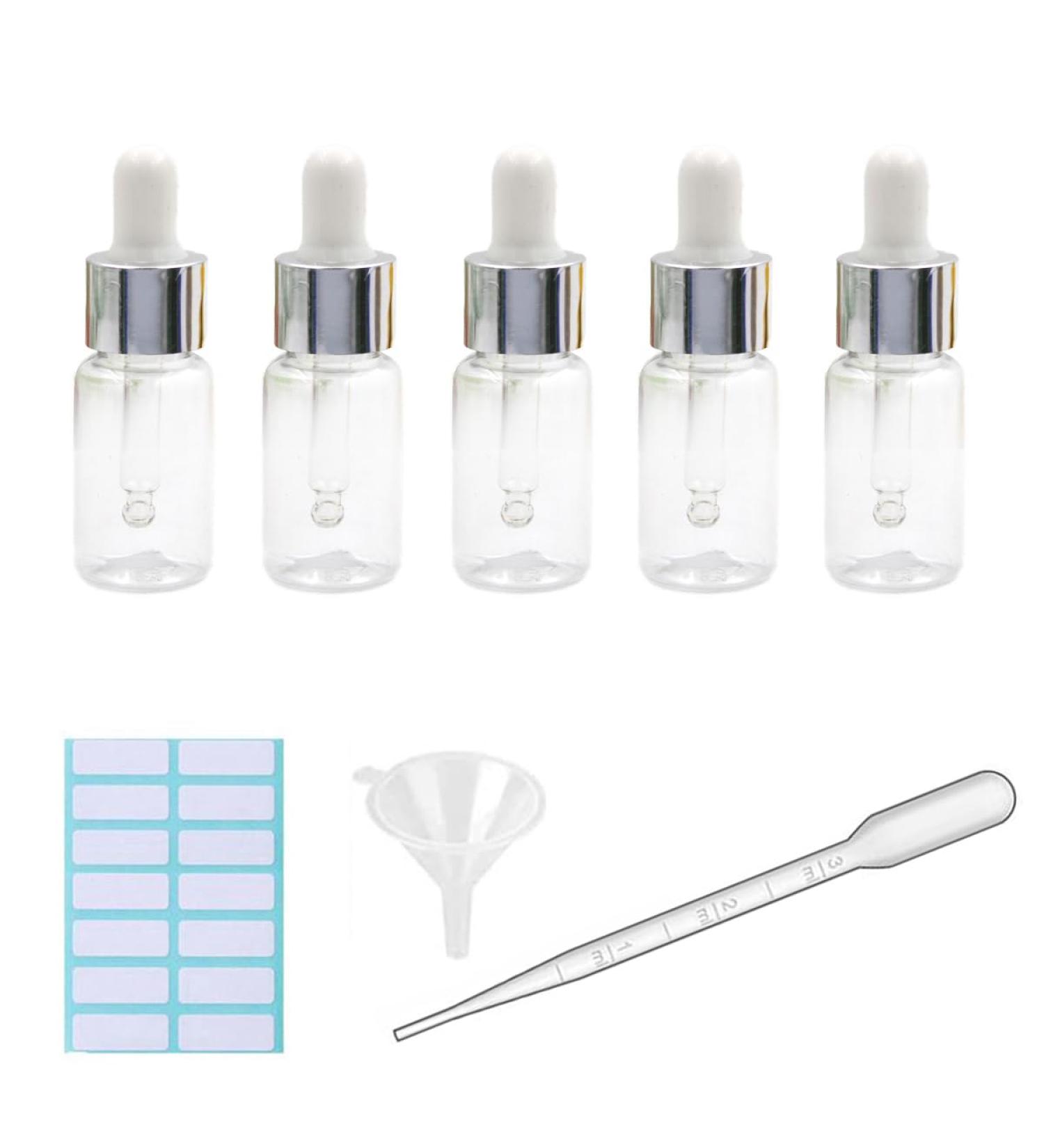 5Pcs Transparent Dropper Bottle 10ML Plastic Eye Dropper Bottles for Essential Oil Pipette Refillable - with Measured Pipette Funnel and Labels (White + Silver Cap) 10ml White + Silver Cap - Buy Online on SooperMarket.com