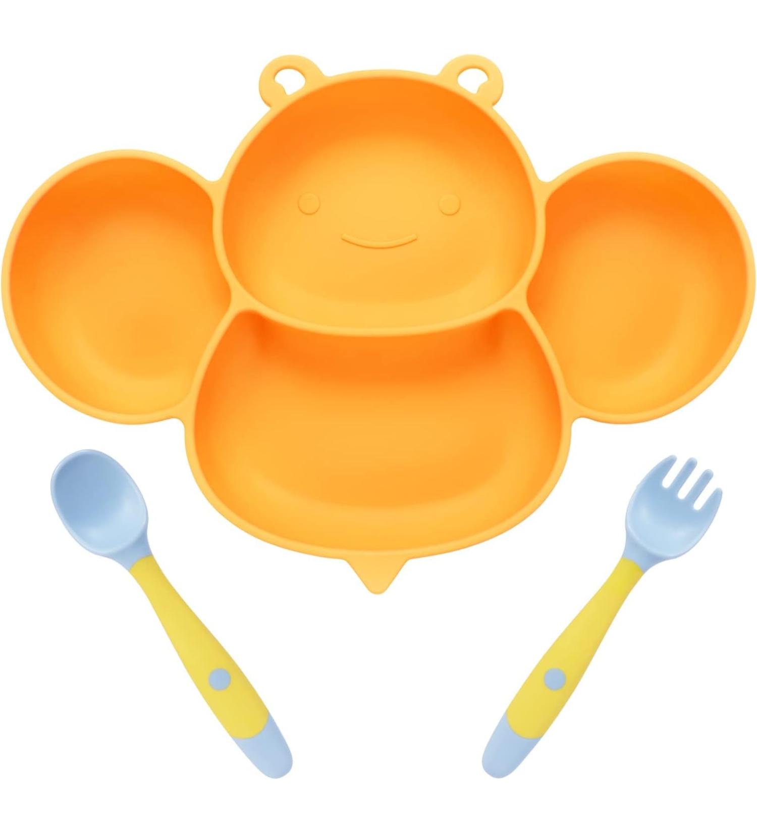 Vicloon Baby Suction Plate Set with Bendable Fork & Spoon - Yellow Bee | Non-Slip Silicone Divided Plate for Self Feeding | BPA-Free & FDA Approved | Dishwasher Safe - Buy Online on SooperMarket.com