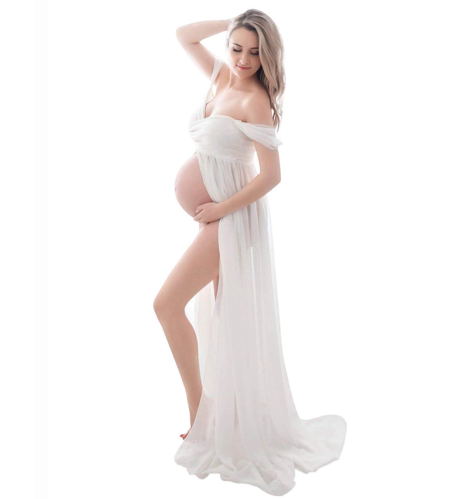 FEOYA Maxi Maternity Dress - White Chiffon Lace Gown for Pregnant Women Photography - Buy Online on SooperMarket.com