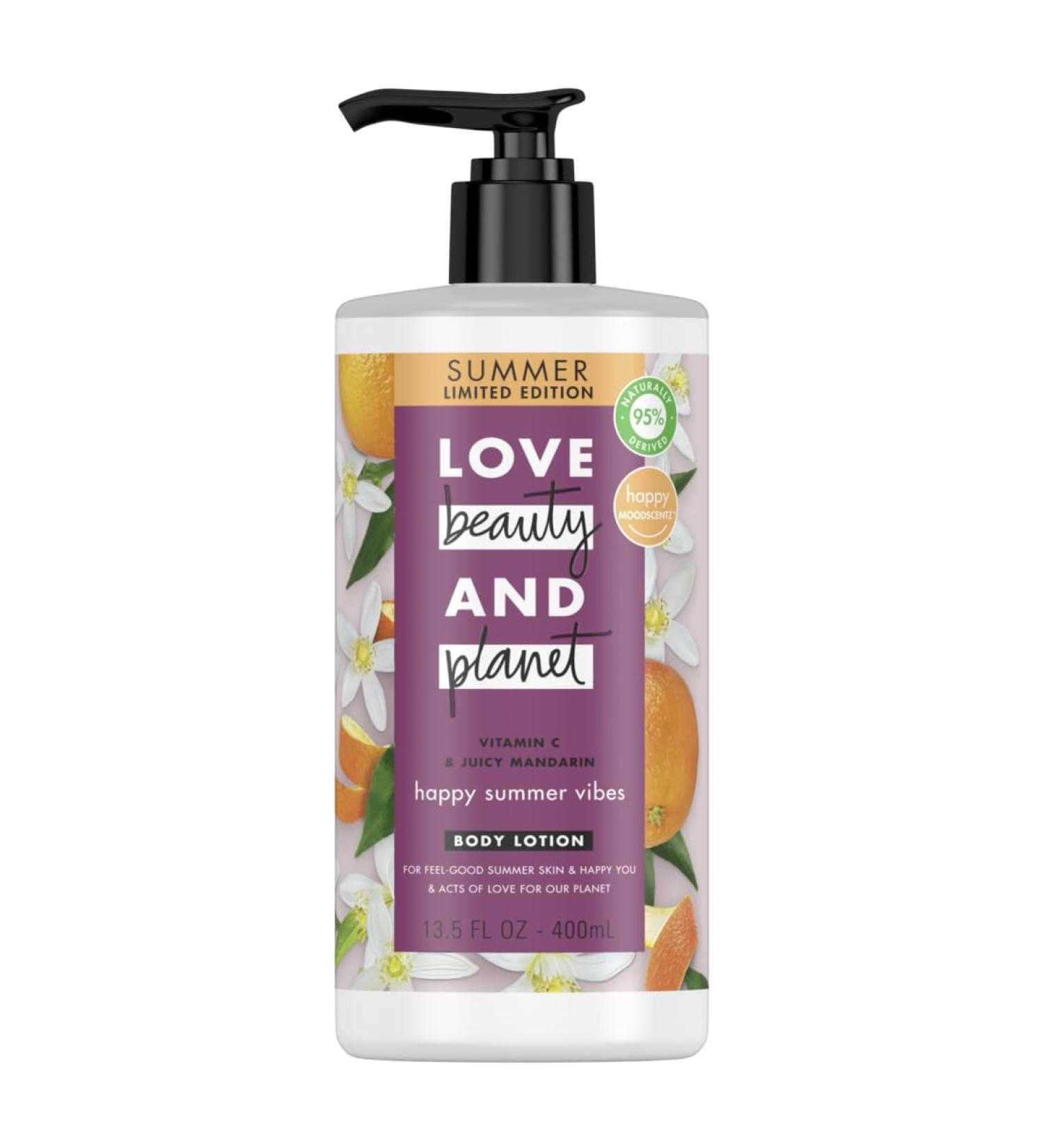 Love Beauty And Planet Happy Summer Vibes Body Lotion Vitamin C & Juicy Mandarin Natural Ingredients Plant-Based Moisturizers Vegan Cruelty-Free 13.5 oz