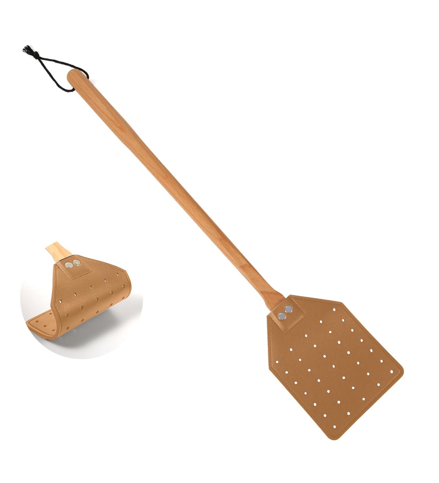 Robust Leather Fly Swatter - 49.5cm Brown Manual Fly Catcher with Wooden Handle for Indoor & Outdoor Use - Buy Online on SooperMarket.com