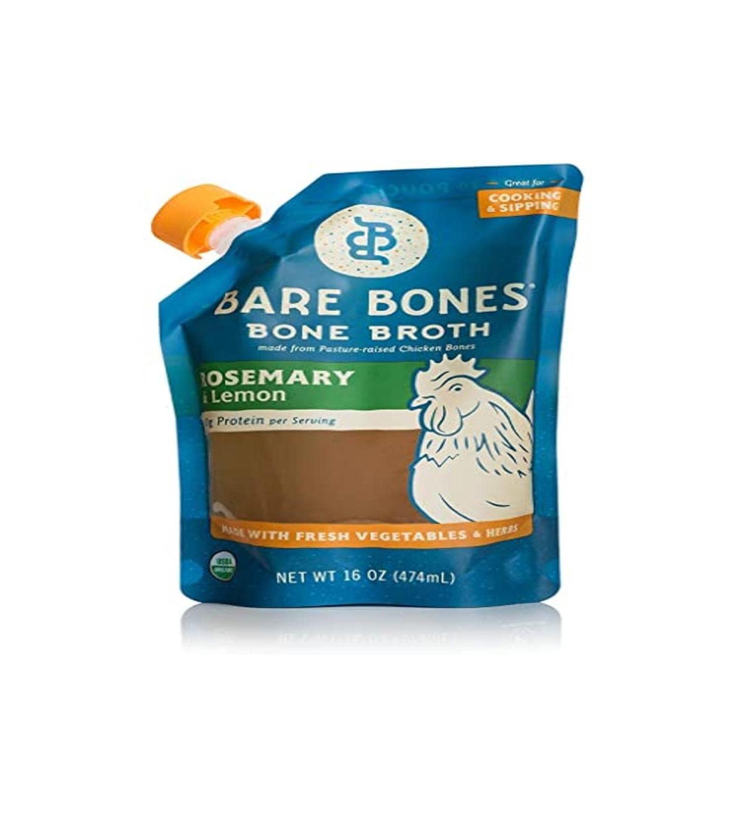 Organic Chicken Bone Broth by Bare Bones - Organic, Chicken Bone Broth, Rosemary & Lemon Flavor, Protein-rich, 16 oz (6-pack)