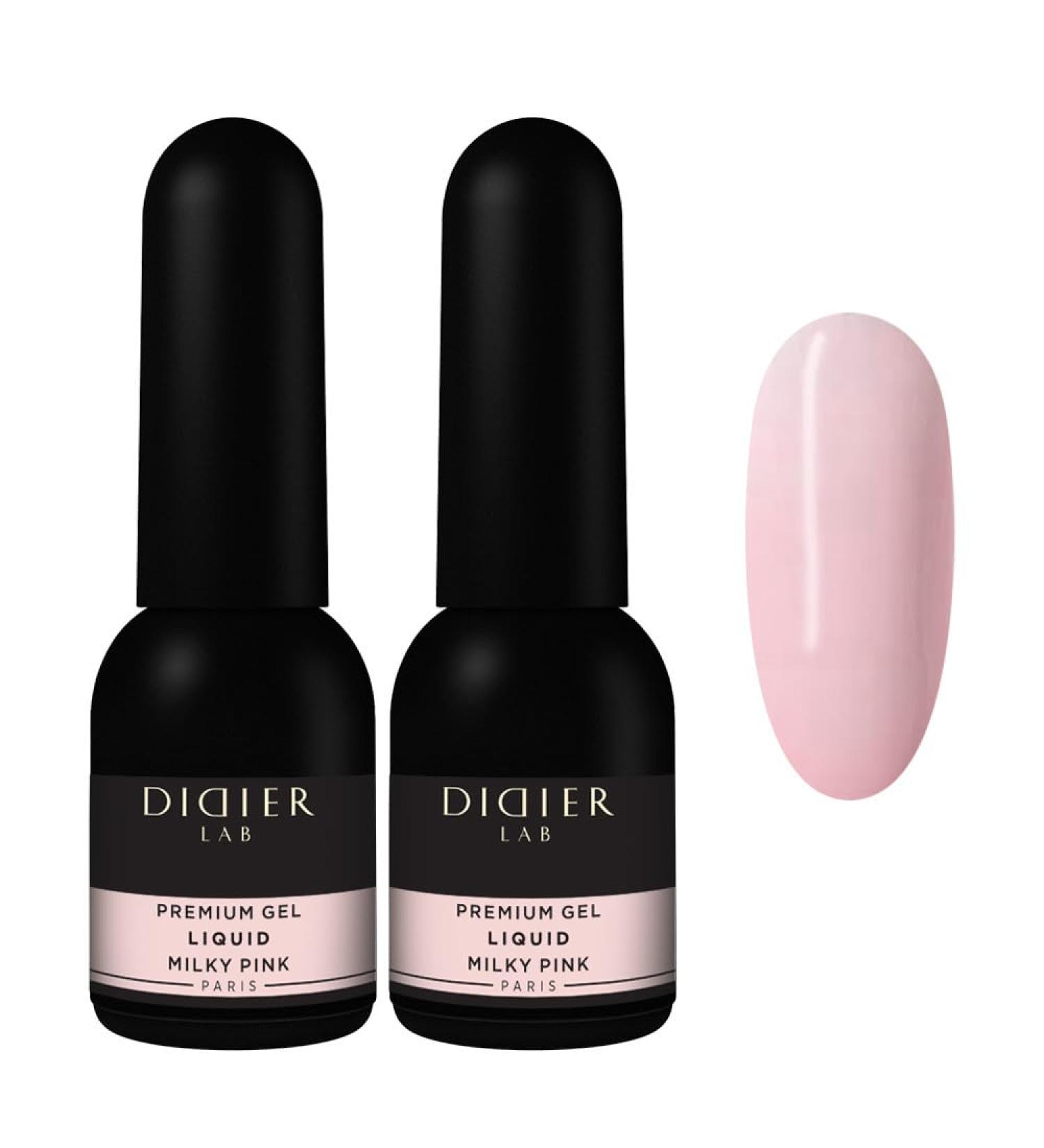 Didier Lab - Premium Liquid Gel Kit - Milky Pink - Builder Gel for Nails - Professional Nail Reconstruction Gel - Self-Leveling - 5 mm Gel Nail Extension - UV LED Gel - Non-Acid - 2 x 10ml Set Milky Pink