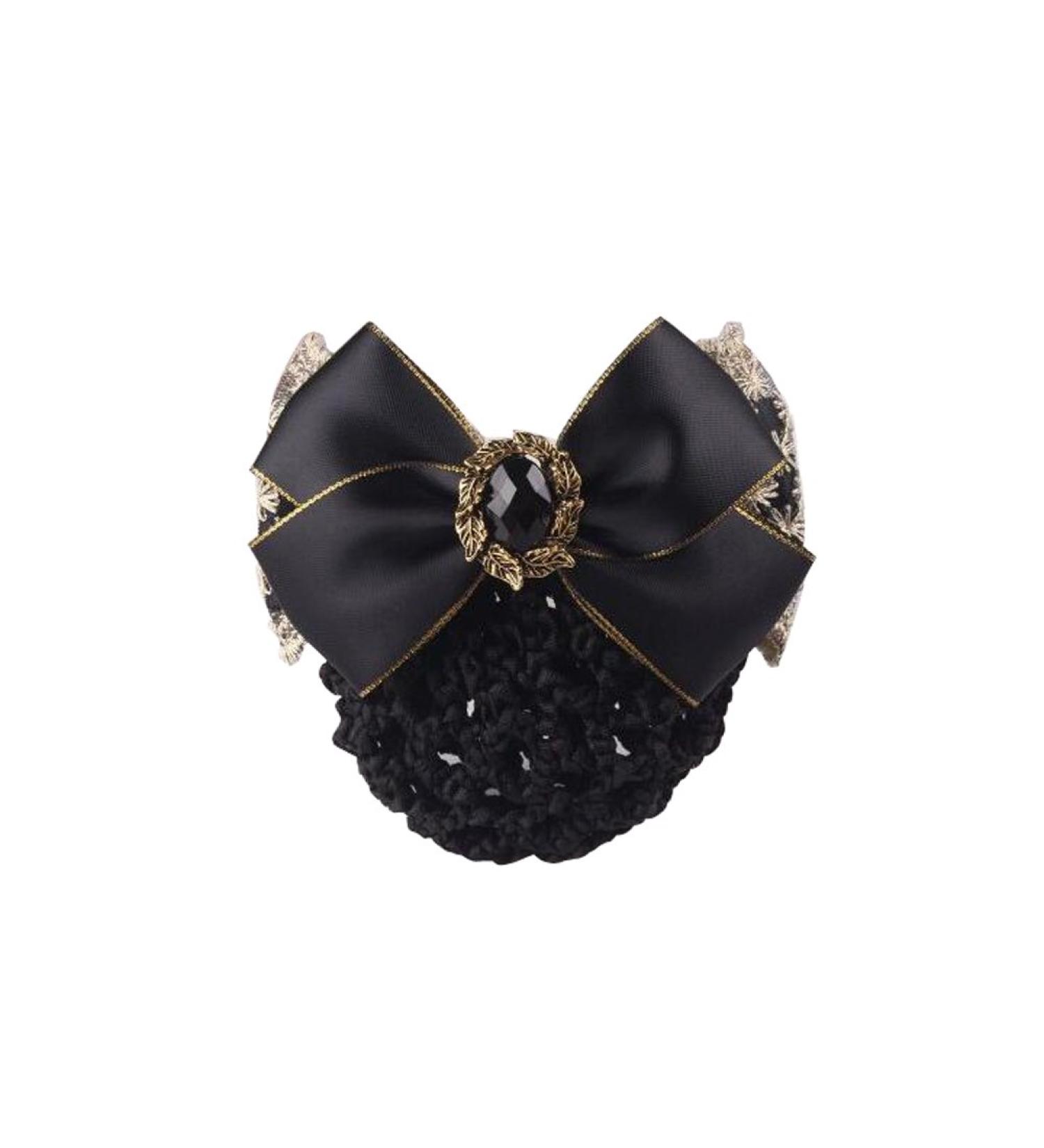 1PCS Lace Ribbon Bowknot Rhinestone Snood Net Elastic Hair Clip Barrette Bun Cover Black