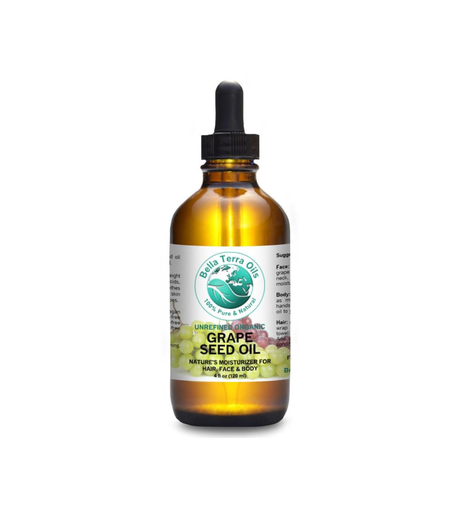 Bella Terra Oils 100% Pure Cold-Pressed Grape Seed Oil 4 oz - Organic, Hexane-Free, Non-Comedogenic Moisturizer for Skin & Hair - Buy Online on SooperMarket.com