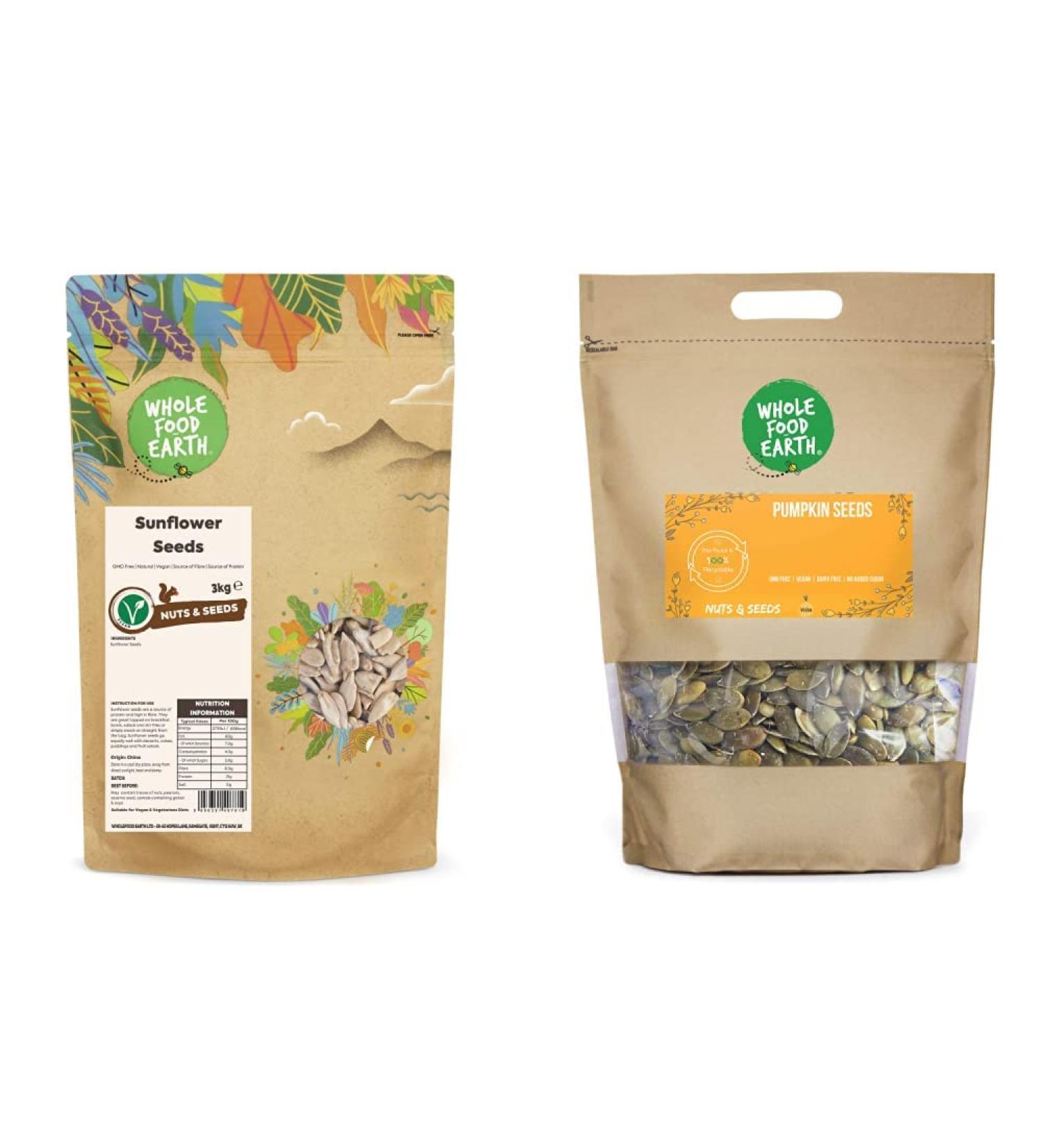 Wholefood Earth Sunflower Seeds - GMO Free - Vegan - Dairy Free - No Added Sugar 3 kg Packaging May Vary & Pumpkin Seeds 1kg | GMO Free | Natural | Vegan | Source of Fibre | Source of Protein + Pumpkin Seeds 1kg - Buy Online on SooperMarket.com