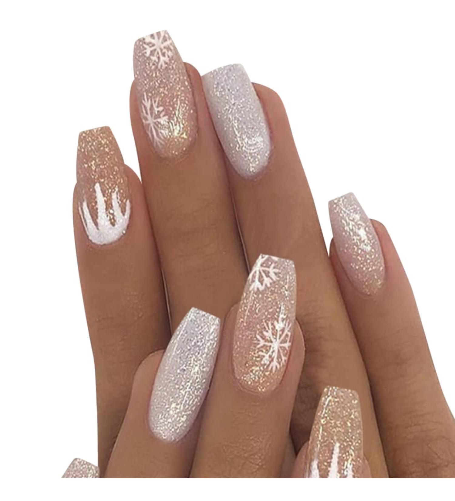 24pcs Christmas Snowflake Ballerina Press-On Nails | Acrylic Coffin Nail Tips for Women & Girls - Perfect Holiday Nail Art - Buy Online on SooperMarket.com