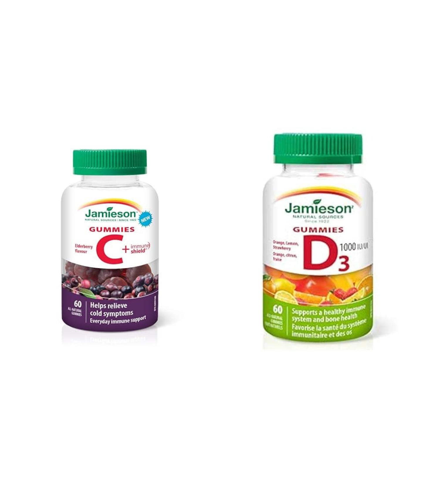 Jamieson Vitamin C plus Immune Shield Gummies - Elderberry Flavour 60 Count (Pack of 1) & Vitamin D3 1 000 IU Gummies - Orange Strawberry Lemon Flavour 60 Gummies Gummies + Vitamin D3 1 000 IU - Buy Online on SooperMarket.com
