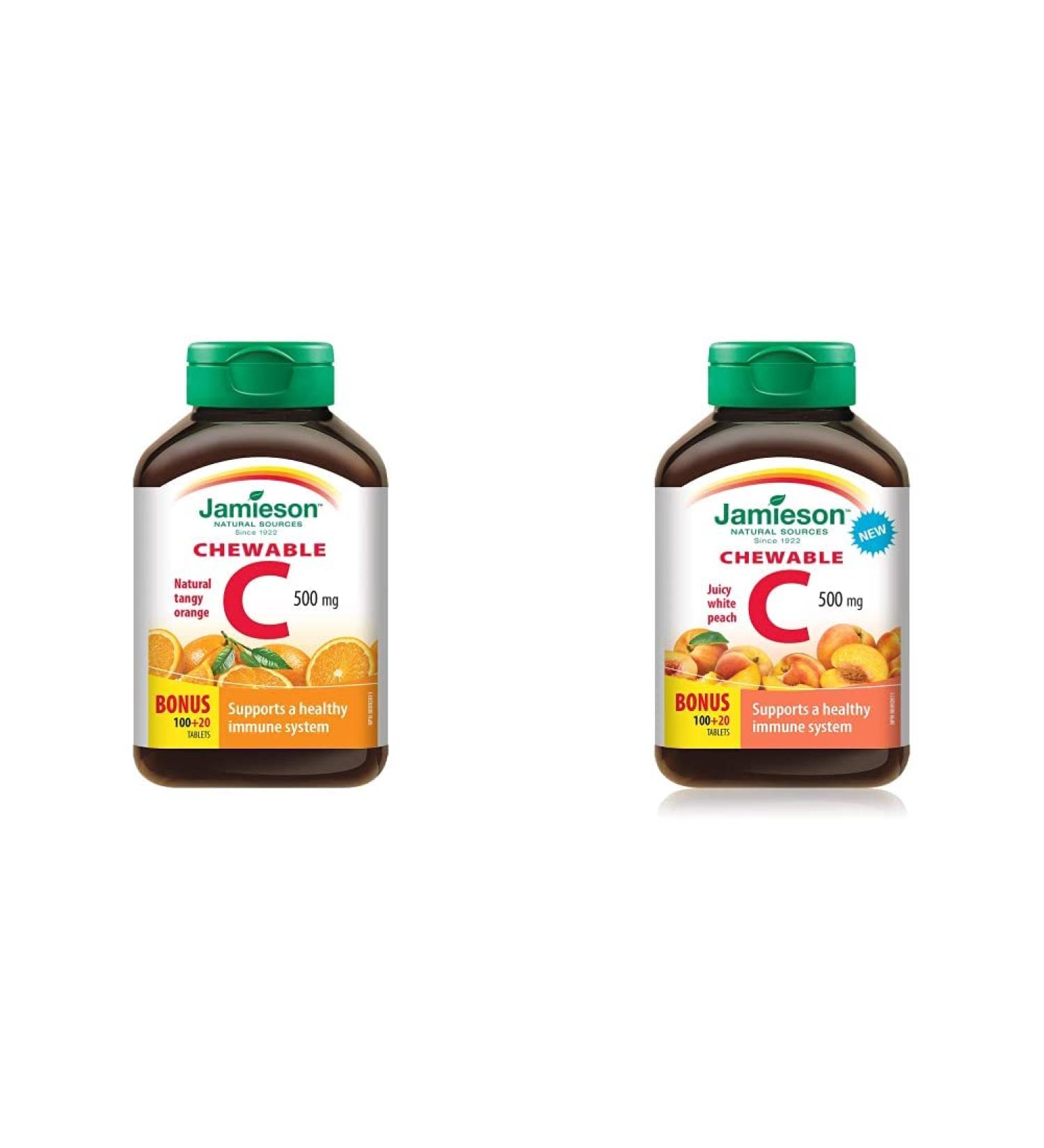 Jamieson Chewable Vitamin C 500 mg - Tangy Orange + White Juicy Peach Flavour 240 Count (Pack of 2) - Buy Online on SooperMarket.com