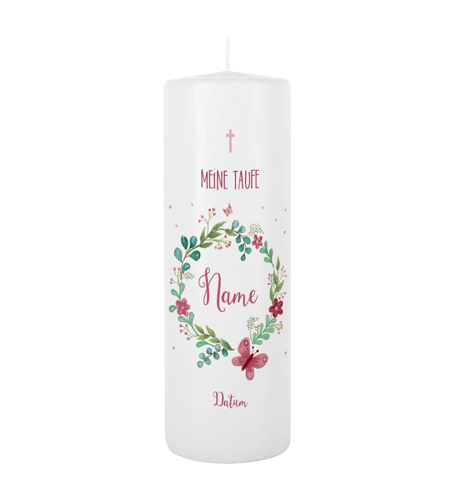 Buy Striefchen Personalized Christening Candle for Girls Flower Wreath & Butterfly Design | Custom Name Baptism Date & Saying 8x25 cm - Buy Online on SooperMarket.com