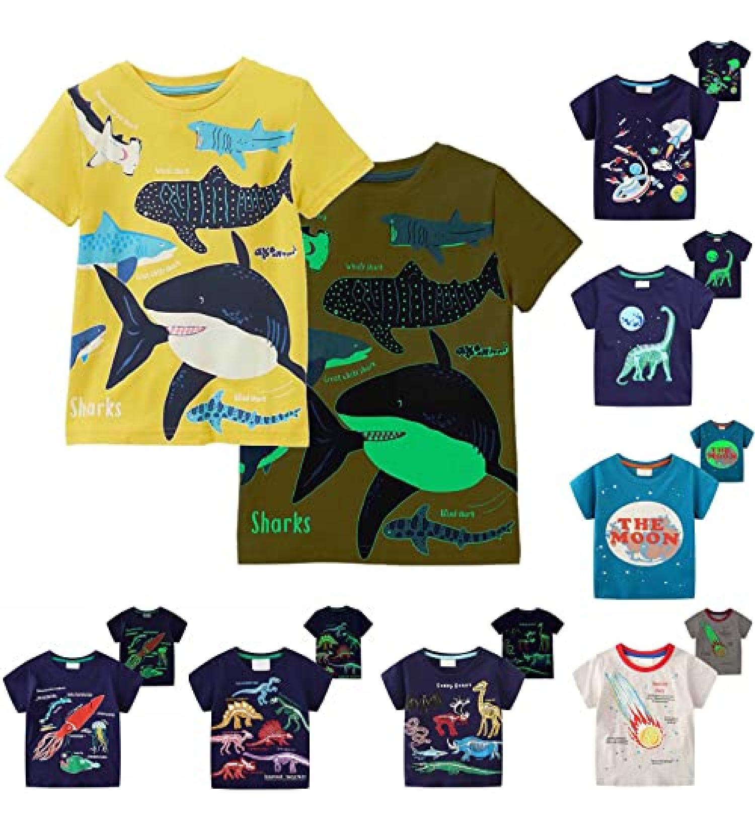Boys' Novelty Luminous Dinosaur T-Shirt | Short Sleeve Crew Neck Tee | Cartoon Print | 1-7Y | 2-3T | Yellow - Buy Online on SooperMarket.com