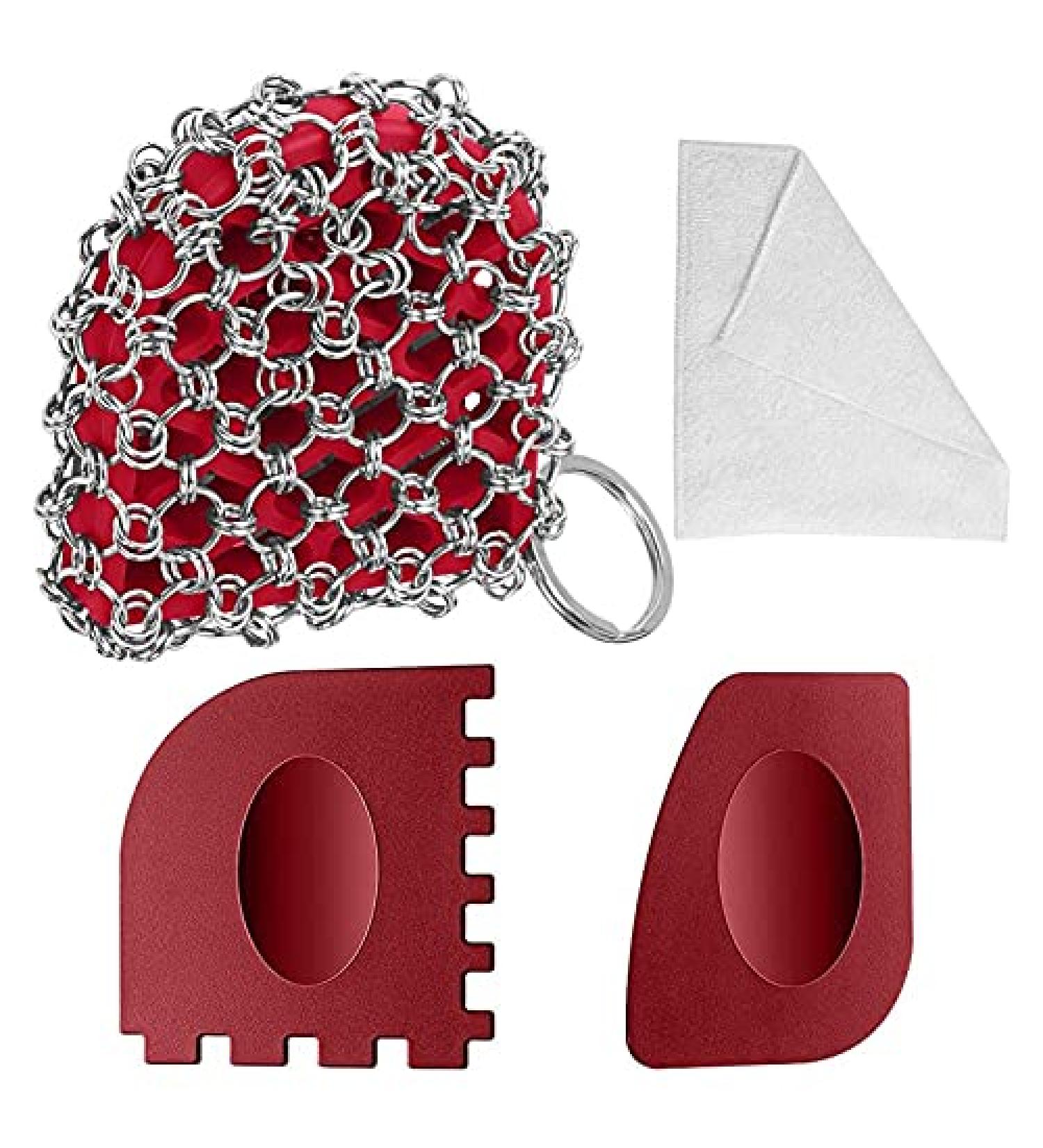 4-Piece Cast Iron Cleaner Set - Chainmail Scrubber, Cast Iron Scraper, Sponge - Red Cleaning Kit - Buy Online on SooperMarket.com