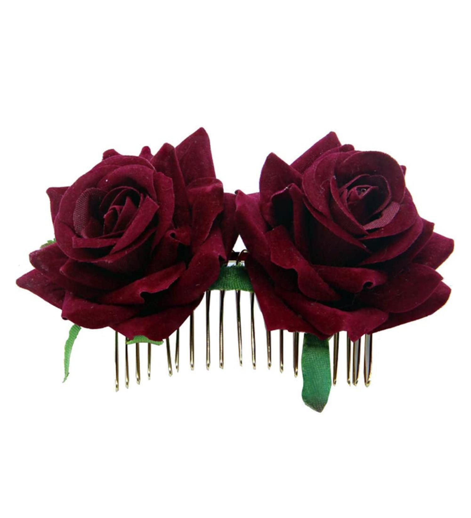 Rose Hair Clip Comb for Women - Burgundy Flower Hairpin for Wedding, Brides, Girls - Dark Red Hair Accessory - Buy Online on SooperMarket.com