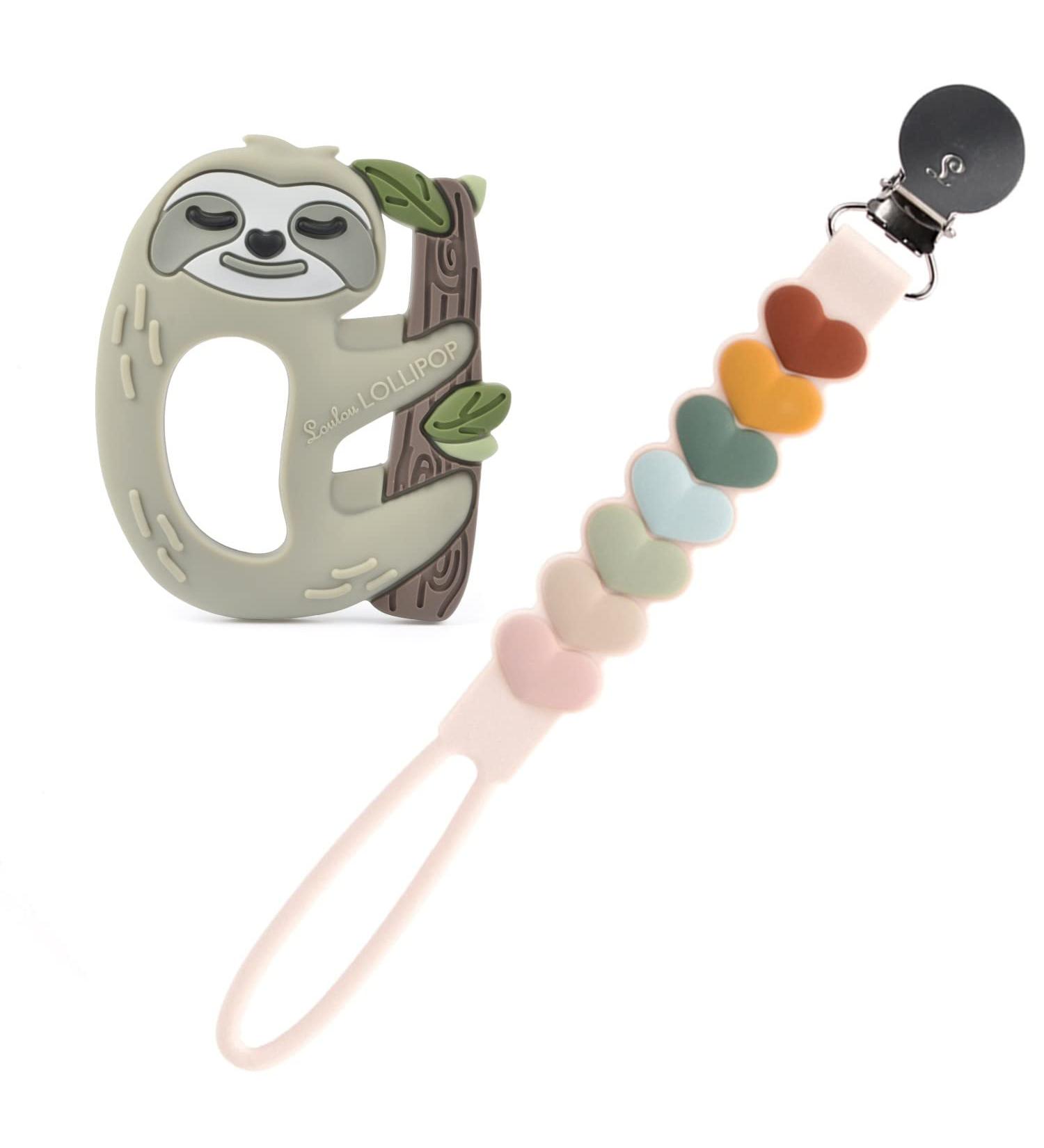 Loulou Lollipop Silicone Teether & Holder Clip Bundle - Sloth/Sweetheart Multi - Buy Online on SooperMarket.com
