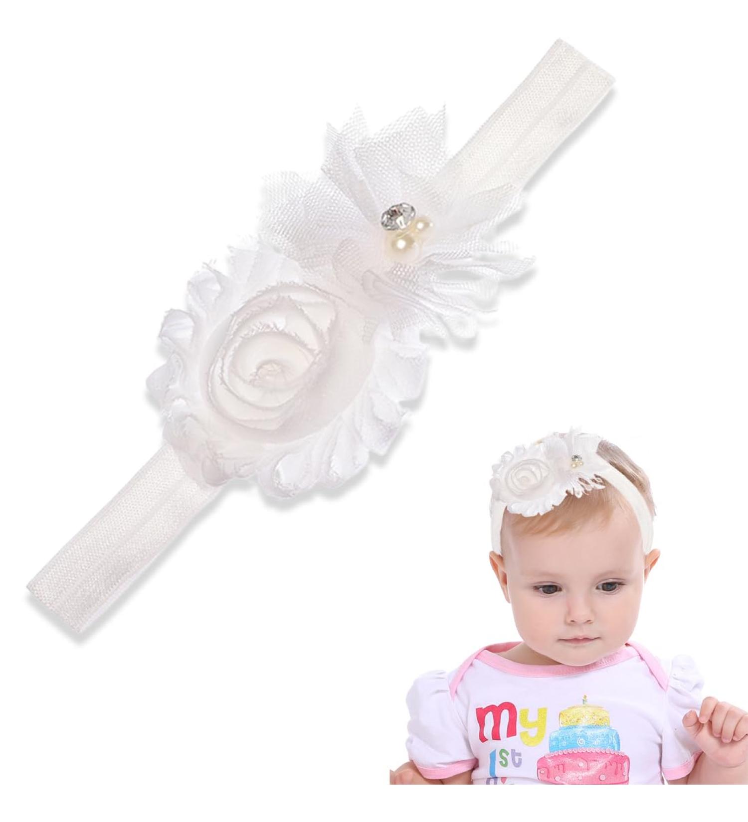 Eodkse White Elastic Flower Headband for Baby Girls | Lace Pearls & Flowers | Perfect Newborn & Toddler Hair Accessory for Photo Shoots - Buy Online on SooperMarket.com