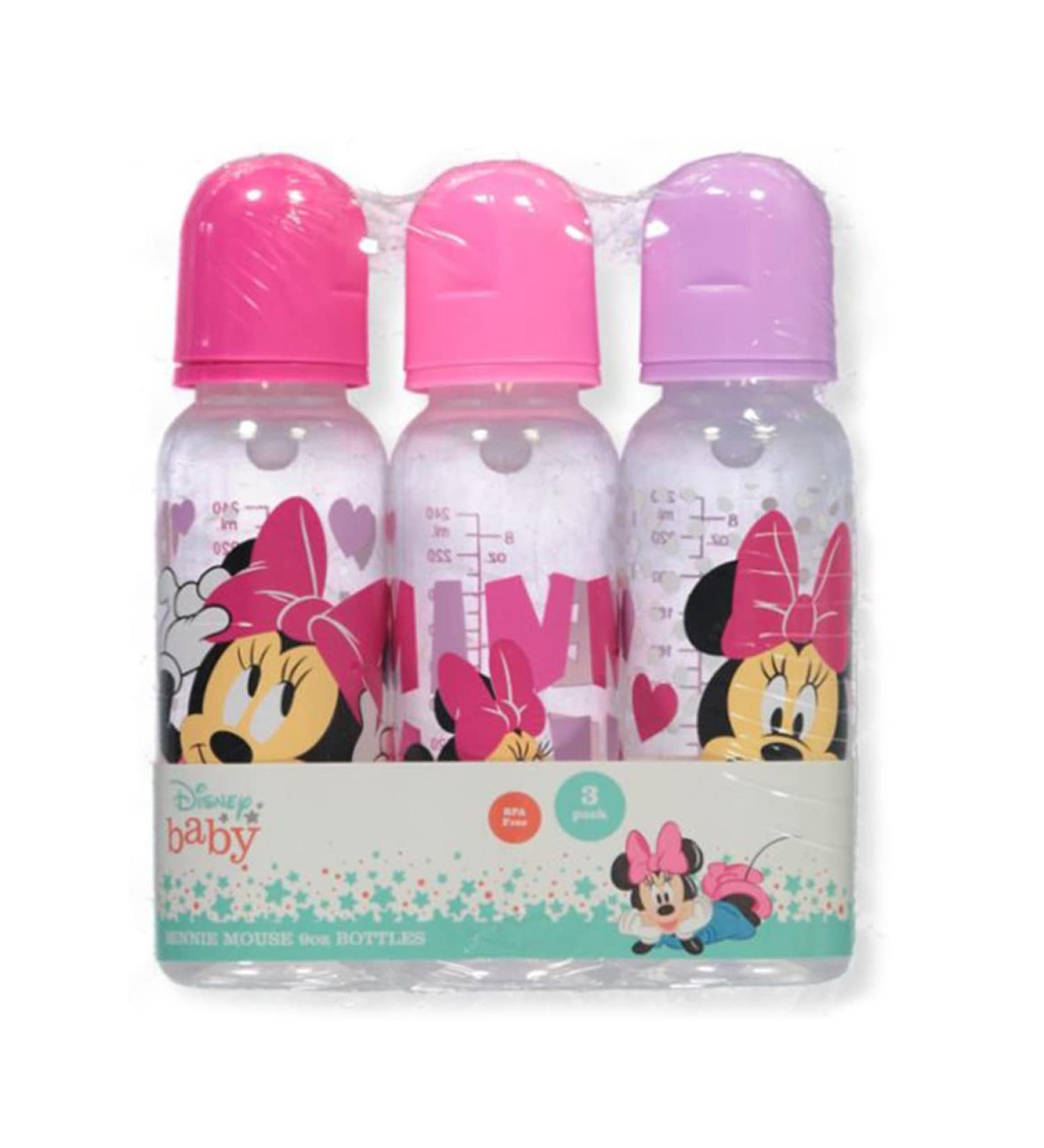Disney Cudlie Minnie Mouse Baby Girl 3 Pack 9oz Bottles with Hearts & Minnie Print