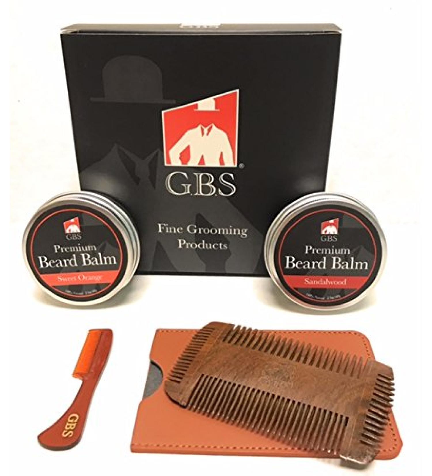 GBS Beard Balm Gift Set- Sweet Orange & Sandalwood Beard Balms with Mustache & Beard 4 Sided Template Wood Comb + Protective Travel Case - Buy Online on SooperMarket.com
