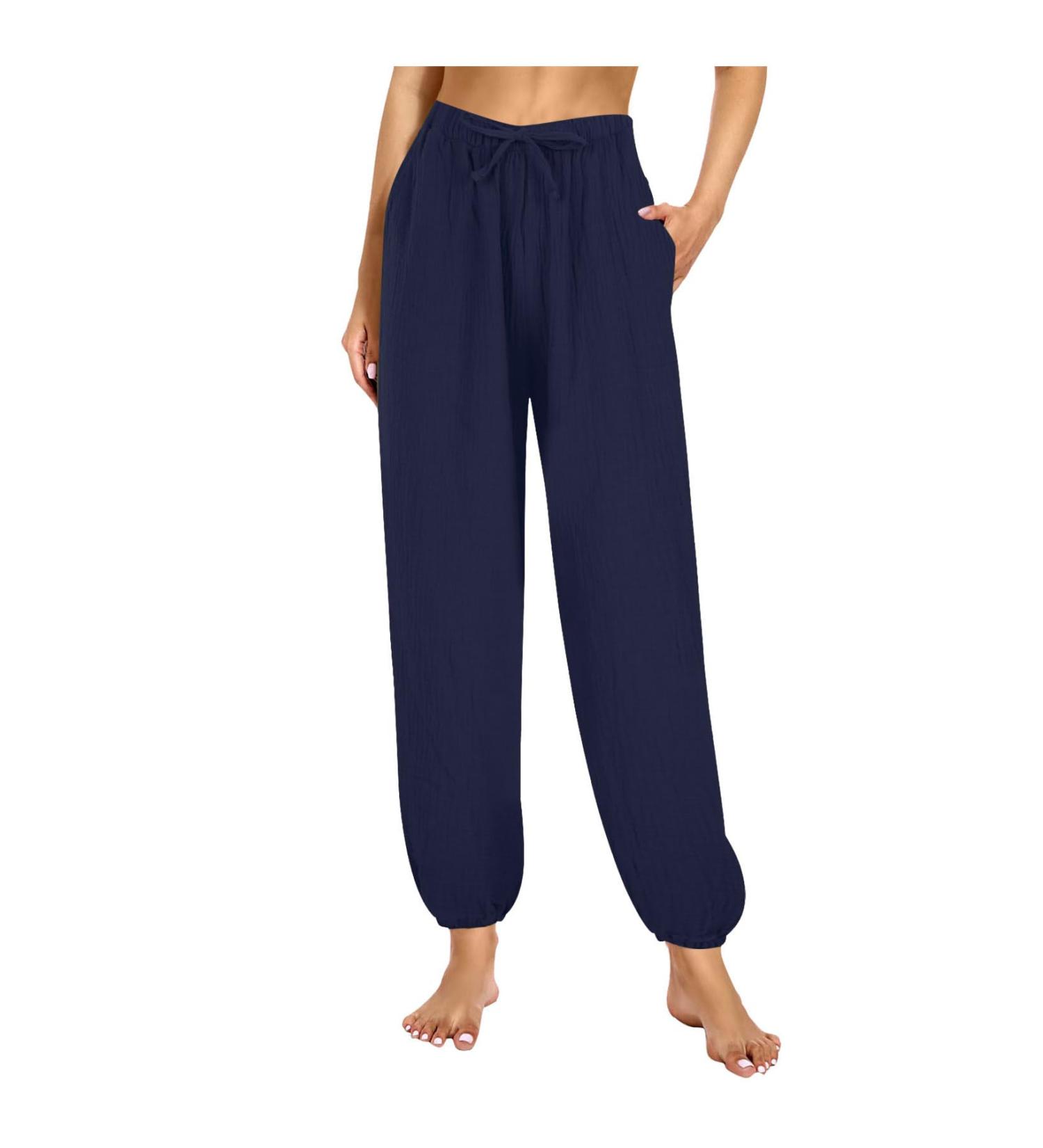 Rytejfes linen pants women long summer white light fabric trousers Elegant stretch wide leg linen summer pants airy short size pump pair of leisure pants hint pants 16*!Black XL