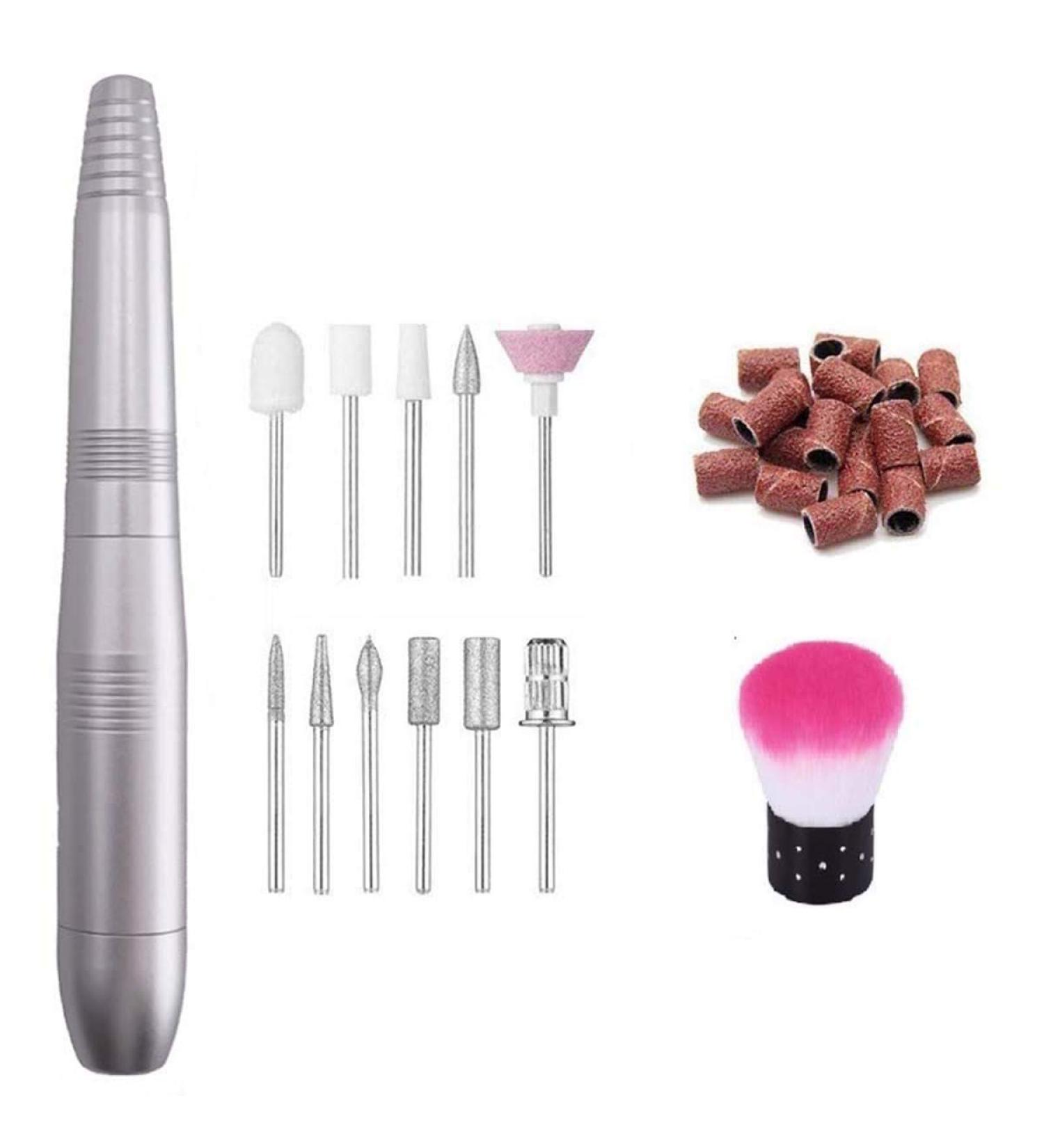iFCOW Electric Nail Drill Kit Portable USB Electric Nail Drill Kit for Manicure Pedicure Nail Polishing Shaping 11 Nail Drill Bits + 16 Sanding Bands Silver