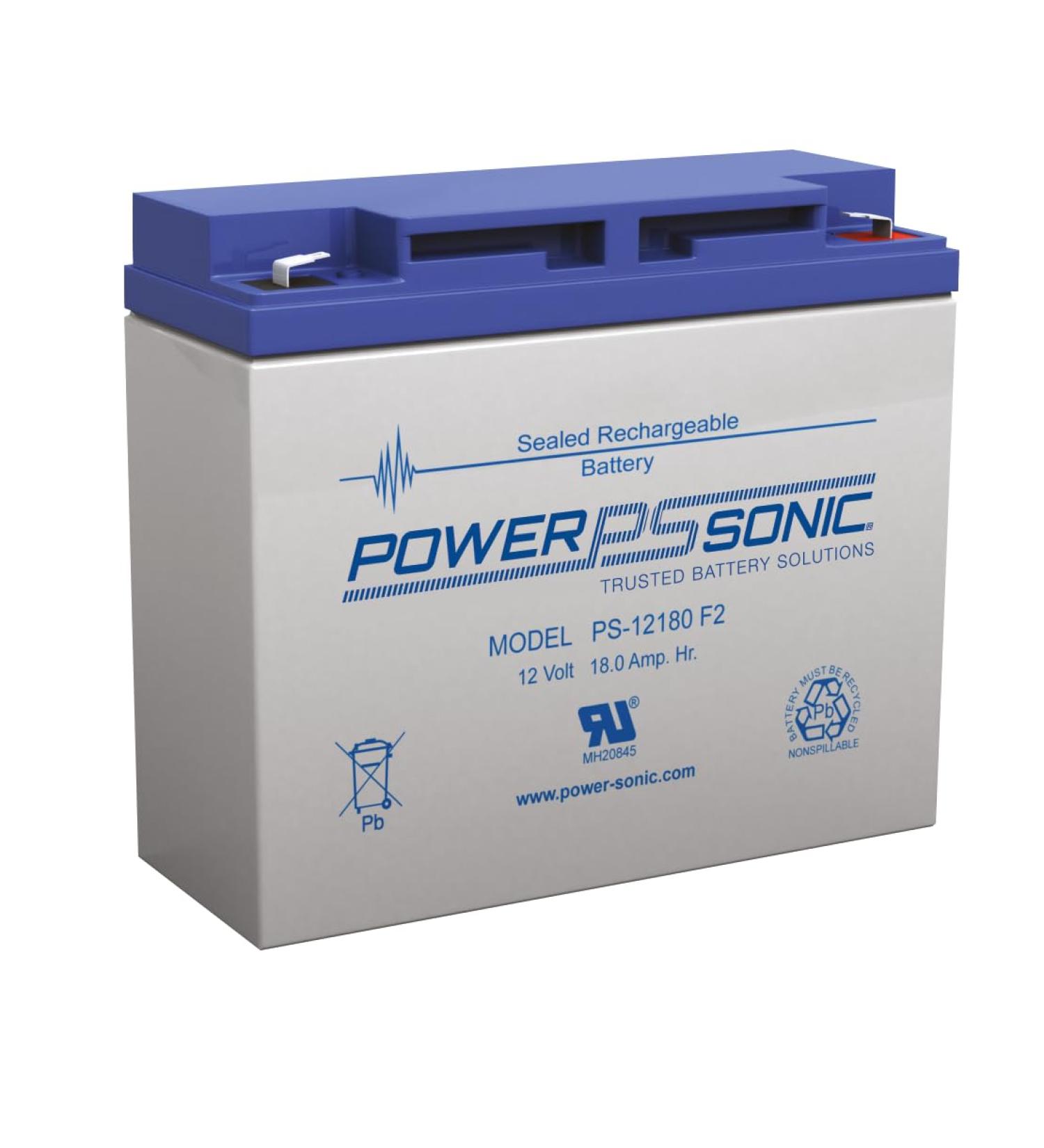 Power Sonic PS-12180 Rechargeable Sealed Lead Acid Battery 12V 18AH for General Purpose Medical Emergency Lighting Fire and Security with NB2 Terminals