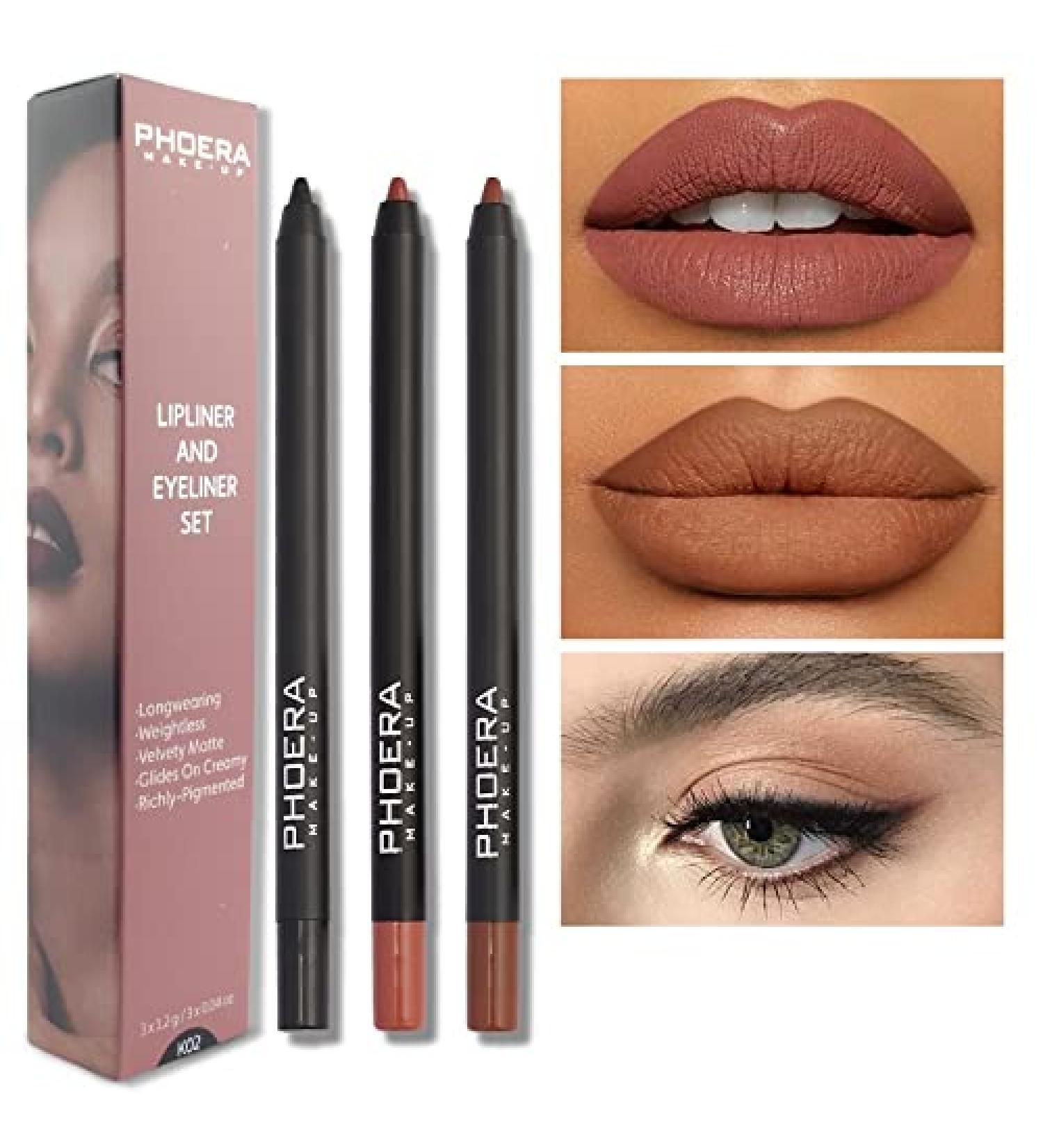 AQUAPURITY PHOERA 3Pcs Long Lasting Lip Liner and Eye Liner Set - Matte Waterproof Pencil for Women and Girls (K02) - Buy Online on SooperMarket.com