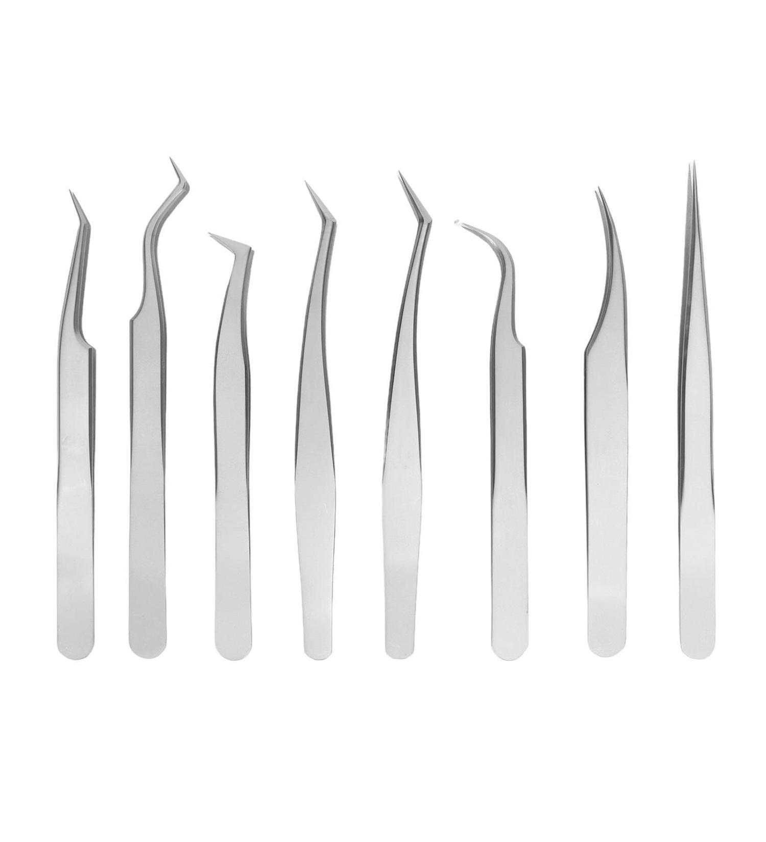 8-Part Stainless Steel Eyelash Extension Tweezers Set - Fine Lace Silver Tweezers for Perfect Eyelash Application - Buy Online on SooperMarket.com