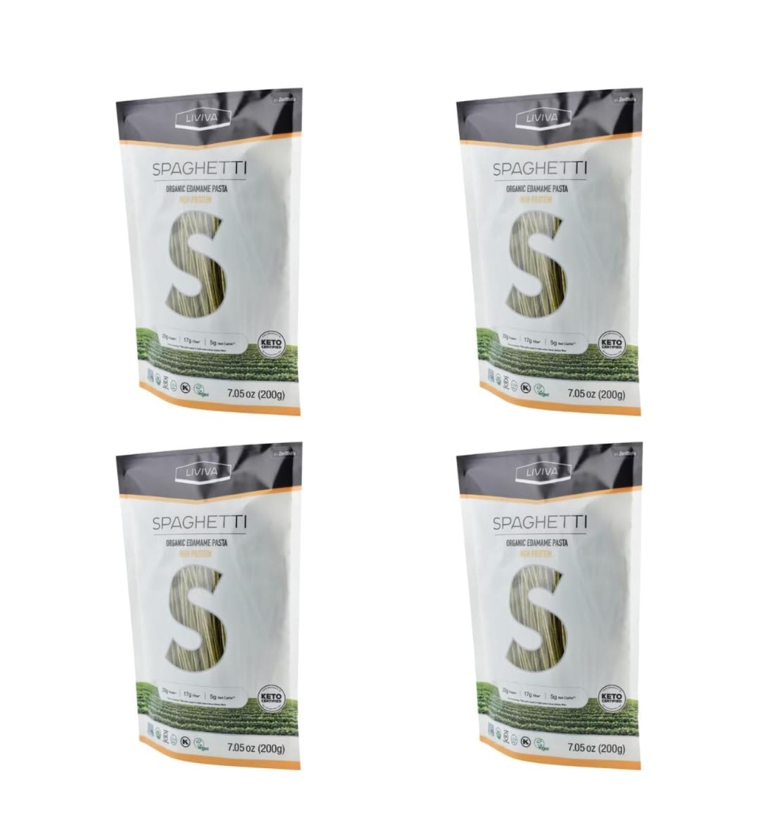 LIVIVA Organic Gluten Free Edamame Spaghetti Noodle Pasta (4 Pk) 88 g Protein Bag - Certified Plant-Based Non-GMO Kosher Halal Vegan Keto Nutritious Pasta Plant-Based Protein Ready-to-Eat in minutes - Buy Online on SooperMarket.com
