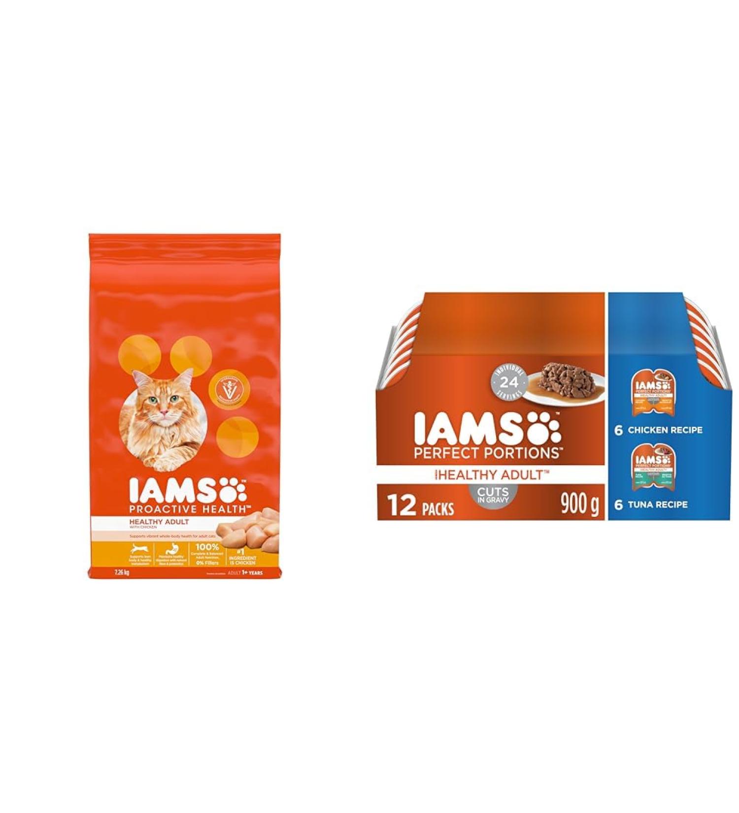 IAMS Proactive Health Healthy Adult Dry Cat Food with Chicken 7.26kg Bag & Perfect Portions Healthy Wet Cat Food Adult Grain Free Cuts in Gravy - Chicken and Tuna 12CT Multipack 75g Tray 7.26 kg (Pack of 1) Dry Cat Food + Wet Cat Food - Buy Online on SooperMarket.com