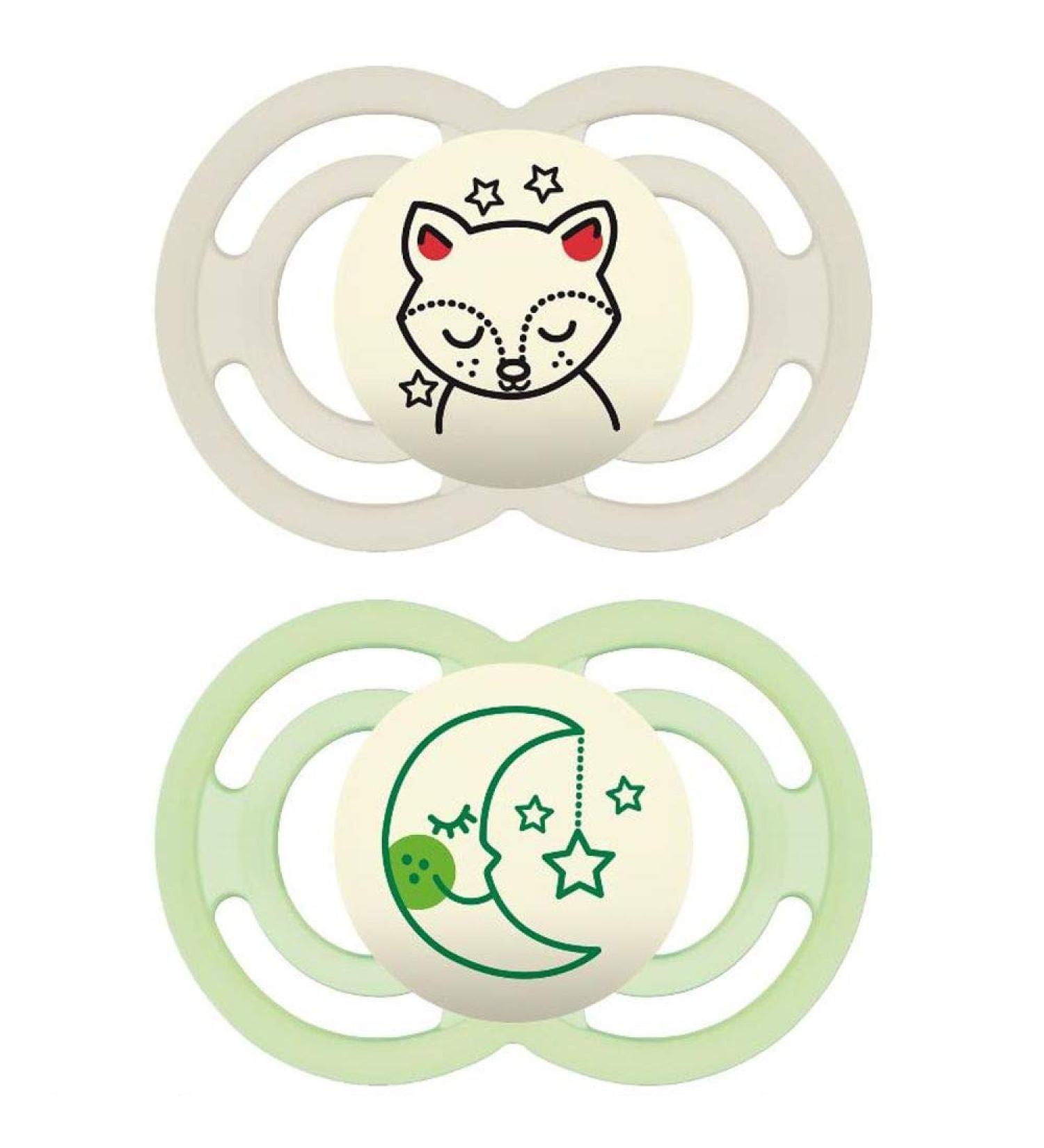 MAM Perfect Night Baby Pacifier Patented Nipple Glows in the Dark 2 Pack 6+ Months Unisex
