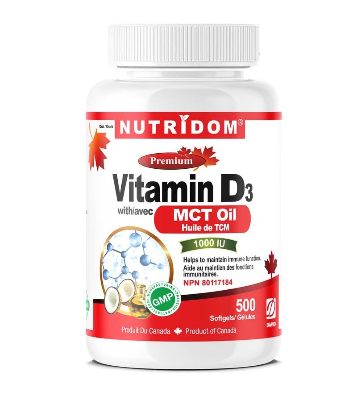 Nutridom Vitamin D3 with Coconut MCT Oil - 1 000IU (25mcg) per serving (500 Softgels) Supports Immune Fuction Muscle & Bone Health Non-GMO Gluten Free Made in Canada - Buy Online on SooperMarket.com