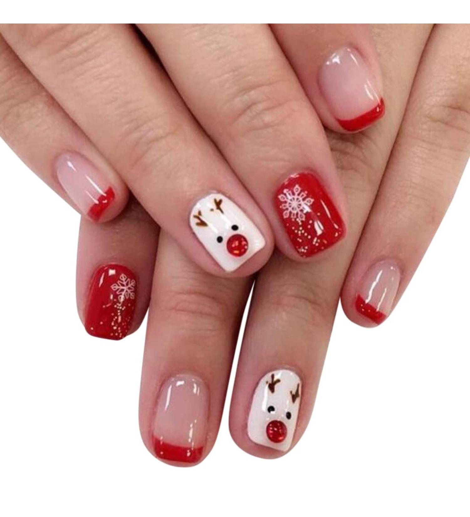 Vatocu Christmas False Nails - Short Red Snowflake & Elk Press on Nails | Snowman Acrylic Stick on Nails for Women & Girls (24pcs) - Buy Online on SooperMarket.com