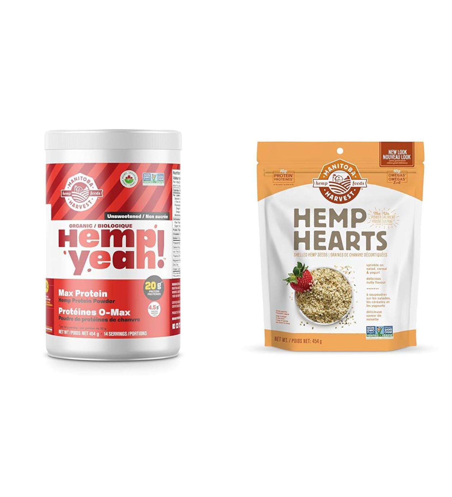 Manitoba Harvest Hemp Organic Max Protein Powder Unsweetened 454g with 20g protein and 4.5g Omegas 3/6 per Serving & Hemp Hearts 454g - Buy Online on SooperMarket.com