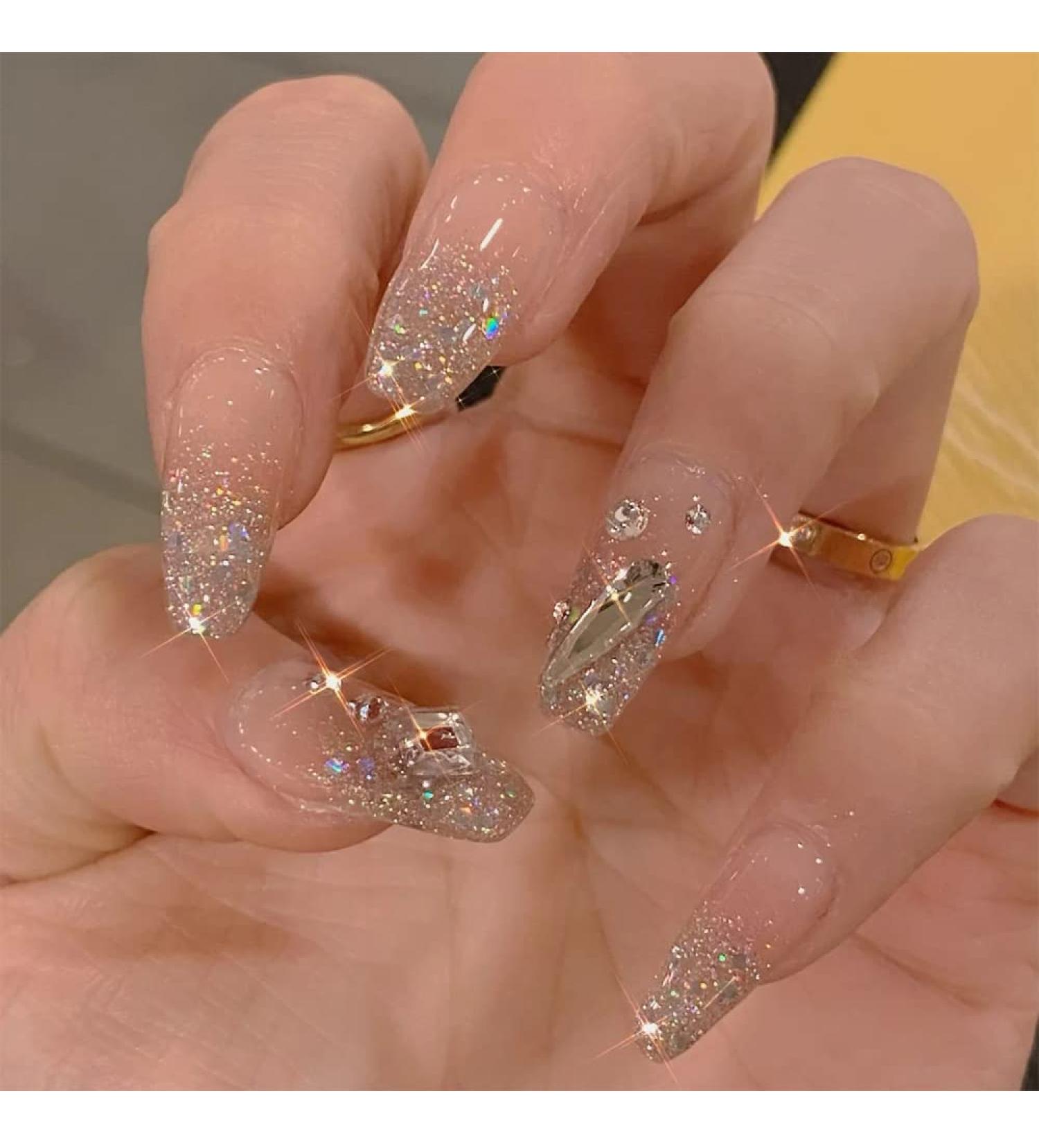 Glossy 3D Rhinestone Coffin Press On Nails - 24Pcs Medium Sparkly Glitter Designs for Women & Girls - Buy Online on SooperMarket.com