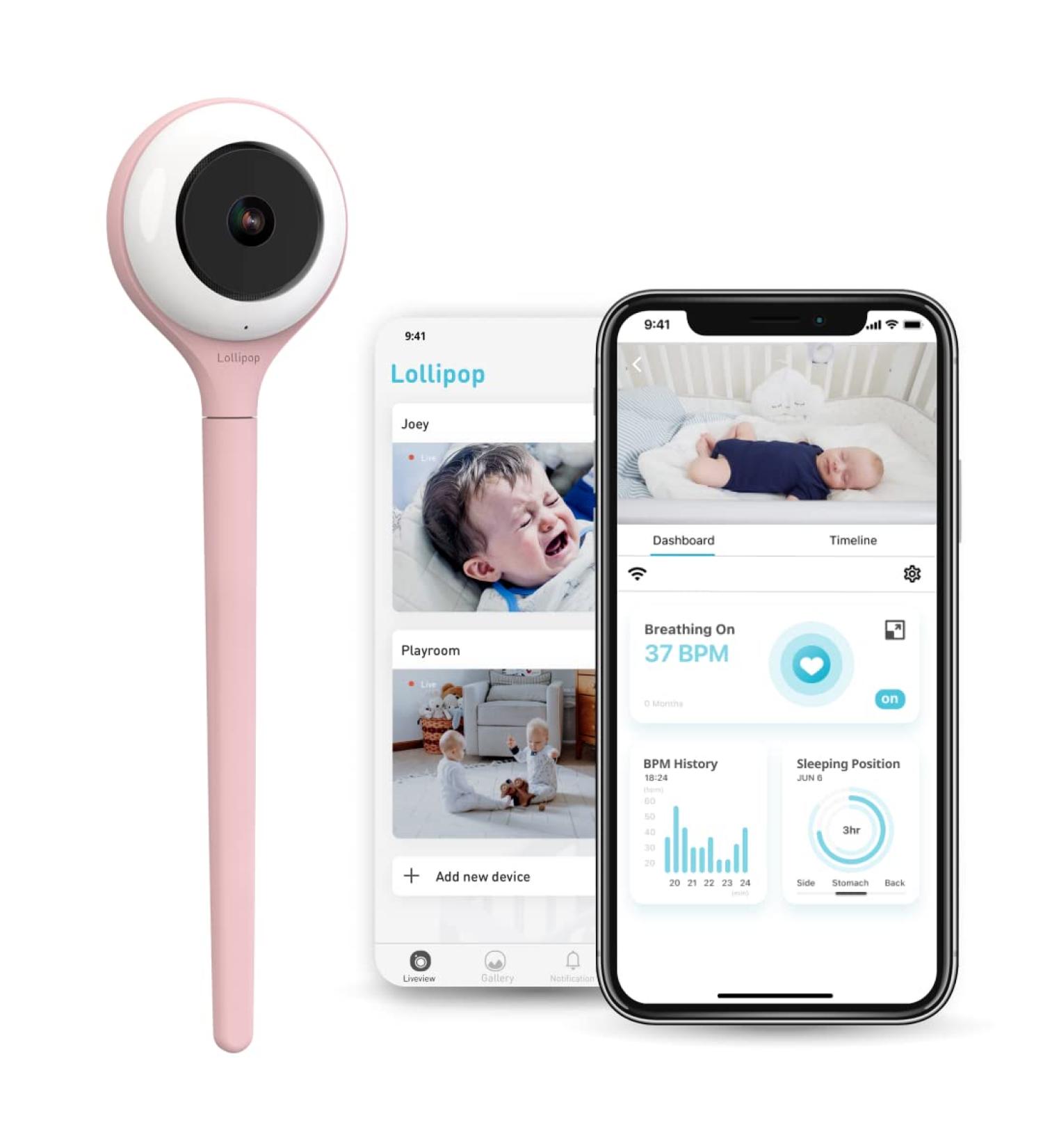 Lollipop Baby Monitor (Cotton Candy) - Contactless Breathing & Crying Monitoring - WiFi Smart AI Camera - Buy Online on SooperMarket.com