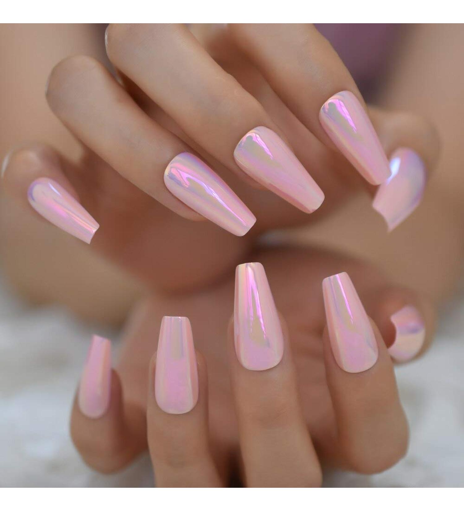 Shiny Holographic Pink Almond Press-On Nails | Long Reflective Ballerina Coffin Tips - L5672 - Buy Online on SooperMarket.com
