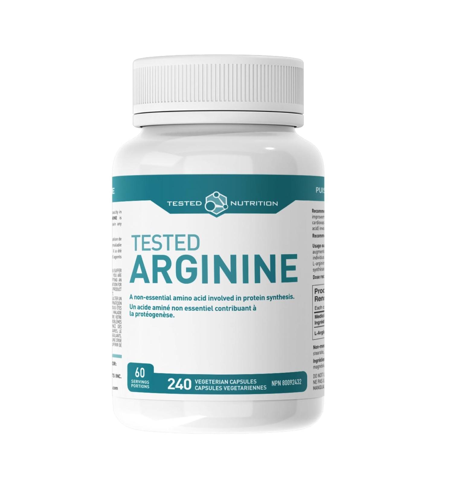 Tested Nutrition Tested Arginine Capsules | 750 mg L-Arginine Capsules for Protein Synthesis Nitric Oxide Production Endurance & Performance | 60 Servings (240 Vegetarian Capsules) - Buy Online on SooperMarket.com