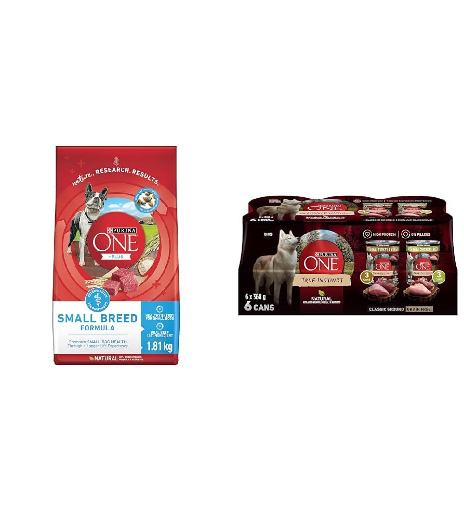 Purina ONE +Plus Small Breed Dry Dog Food with Beef - 1.81 kg Bag & Classic Ground True Instinct Wet Dog Food Variety Pack 2 Flavours - 368 g Can (6 Pack) - Buy Online on SooperMarket.com