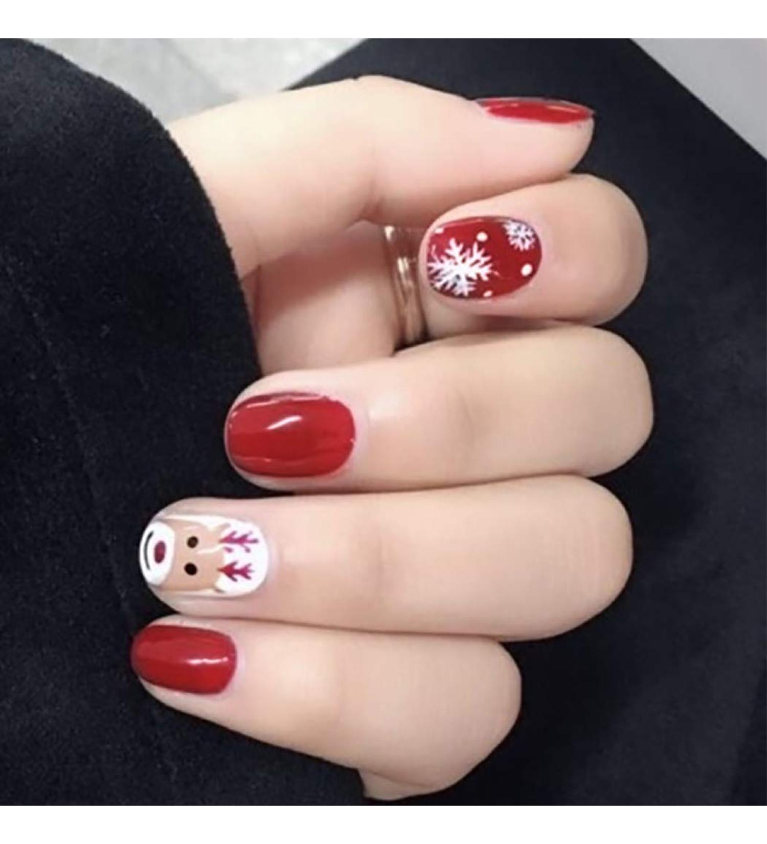 Brishow Christmas Snow Elk Press on False Nails - Red Short Square Fake Nails for Women & Girls (24pcs) - Buy Online on SooperMarket.com