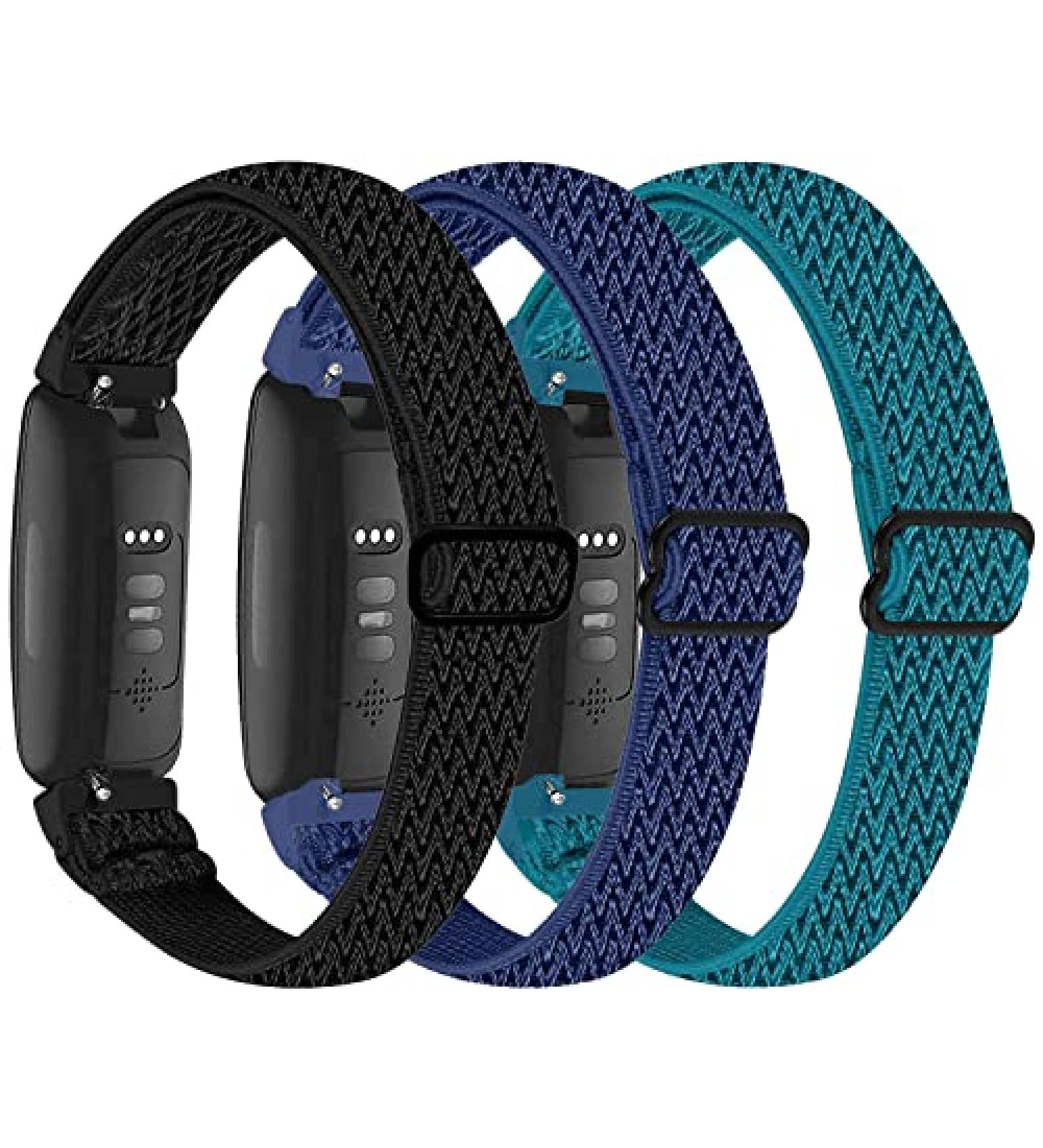3-Pack Elastic Nylon Bands for Fitbit Inspire - Adjustable Replacement Straps in Black, Midnight Blue, and Azurite - Buy Online on SooperMarket.com