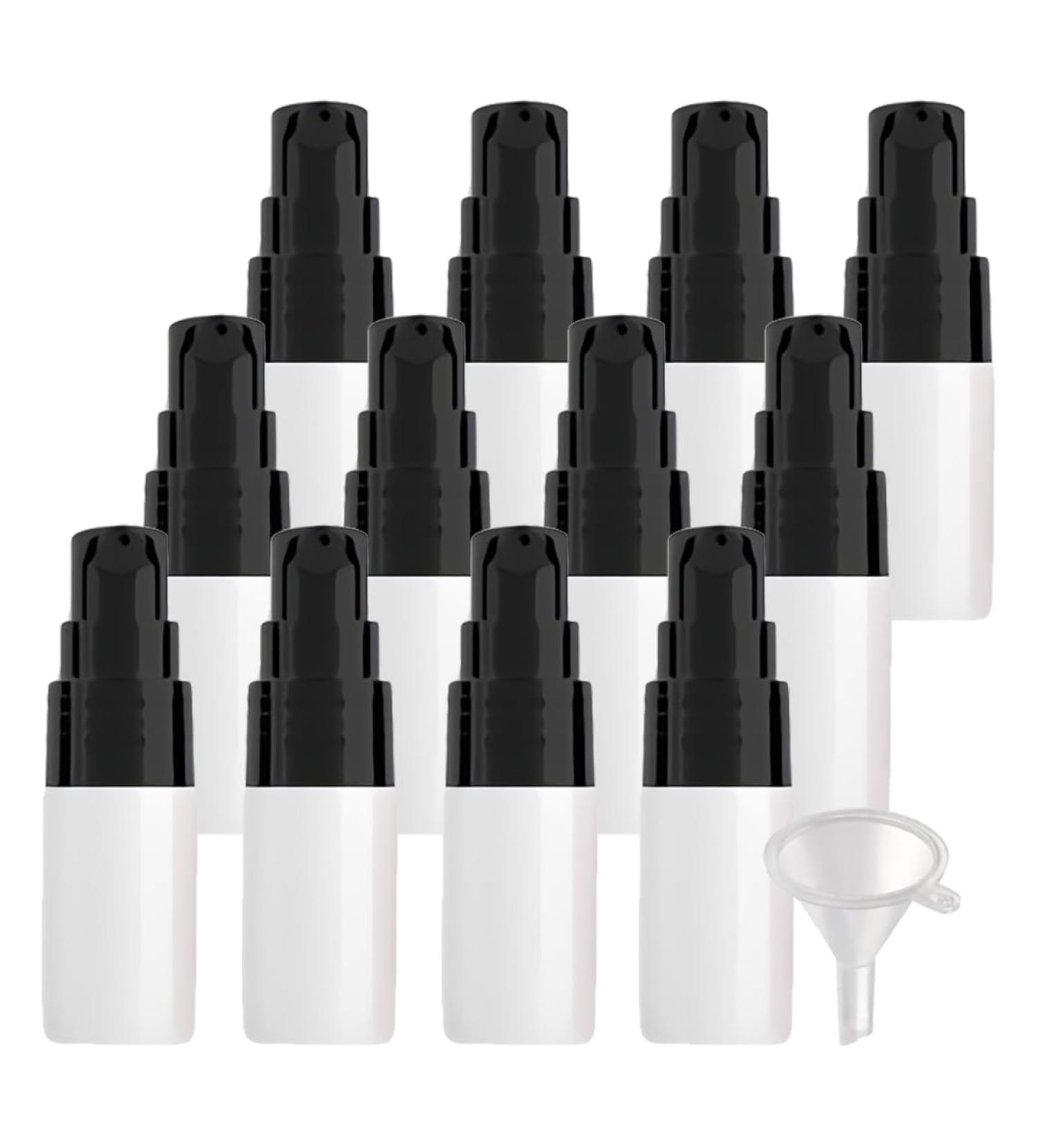 ZEOABSY 12 Pieces 10 ml White Lotion Bottles with Black Pump 10ml Empty PET Plastic Lotion Pump Bottle Cosmetic Gel Travel Container for Cosmetic Make up Cleaning + 2 x Funnel White 10ml - Buy Online on SooperMarket.com
