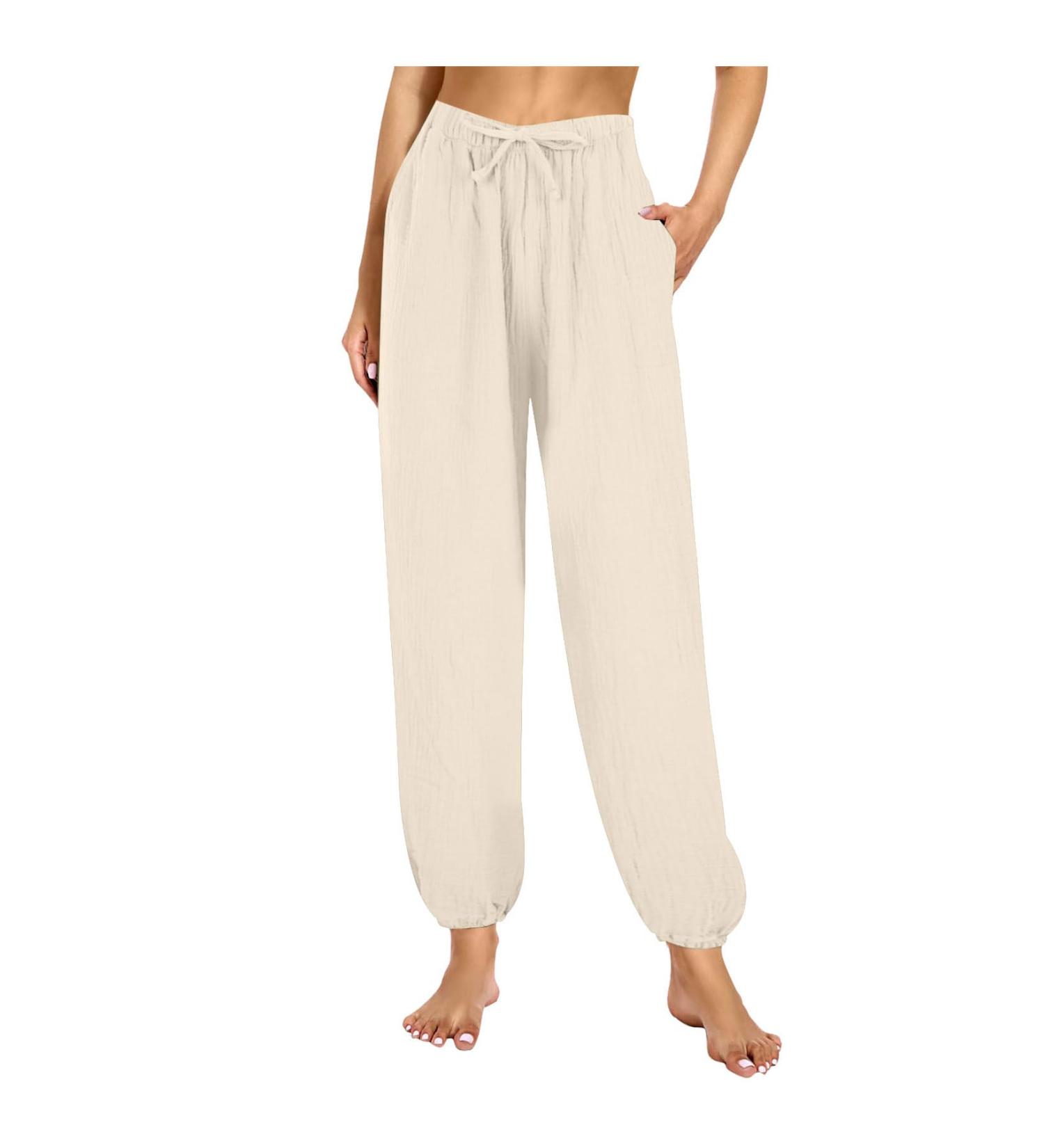 Summer pants women light 7/8 long wide leg linen xxl Elegant 7/8 sports pants hiking pants linen pants linen pants harem pants leisure pants leisure pants white summer stretch cotton airy hip pants beige xxl